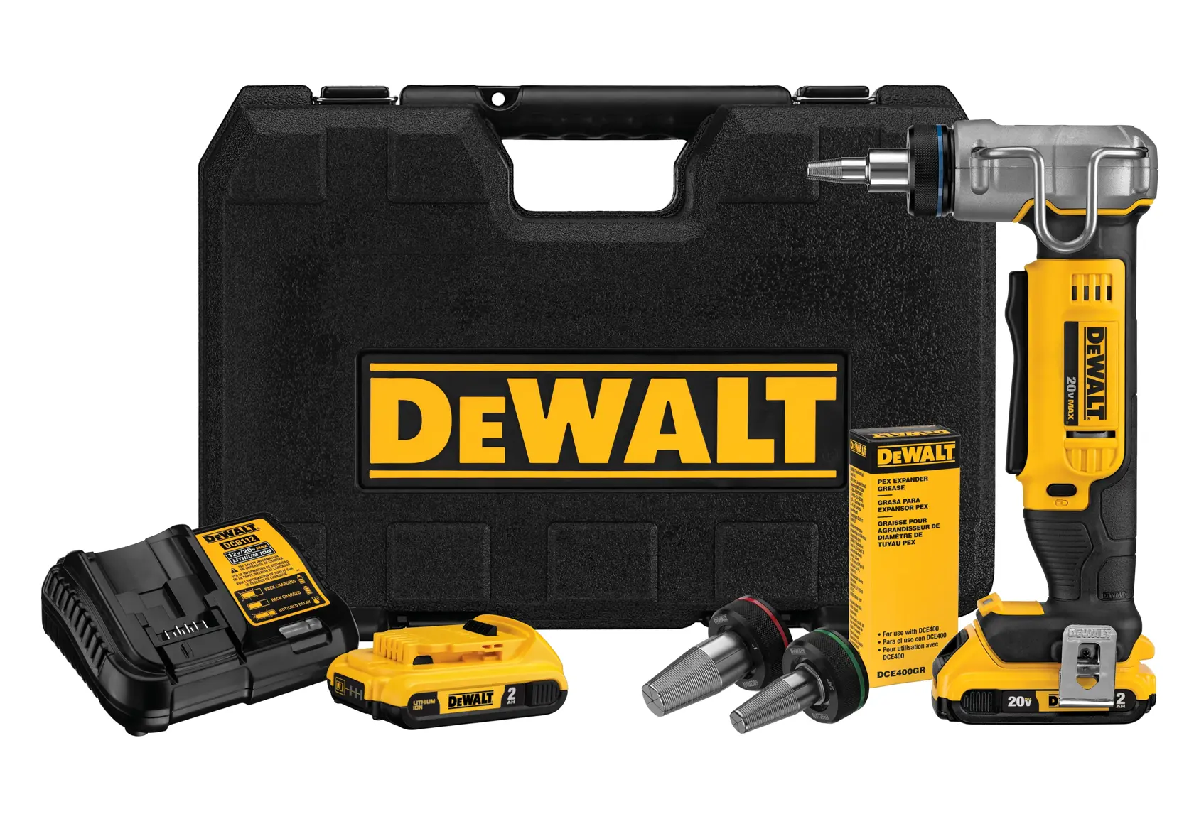 DEWALT tool kit featuring a cordless drain cleaner, two attachments, battery, charger, instruction manual, and a carrying case with the DEWALT logo.