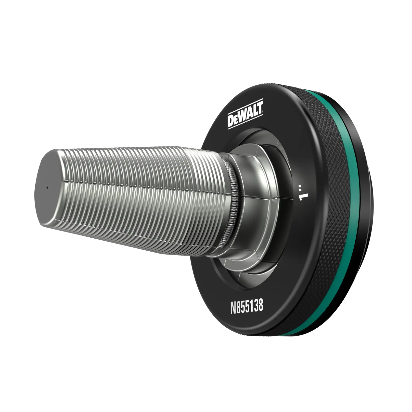 A close-up image of a DEWALT branded photography accessory, featuring a metallic cylindrical component attached to a black circular base with text and numbering.