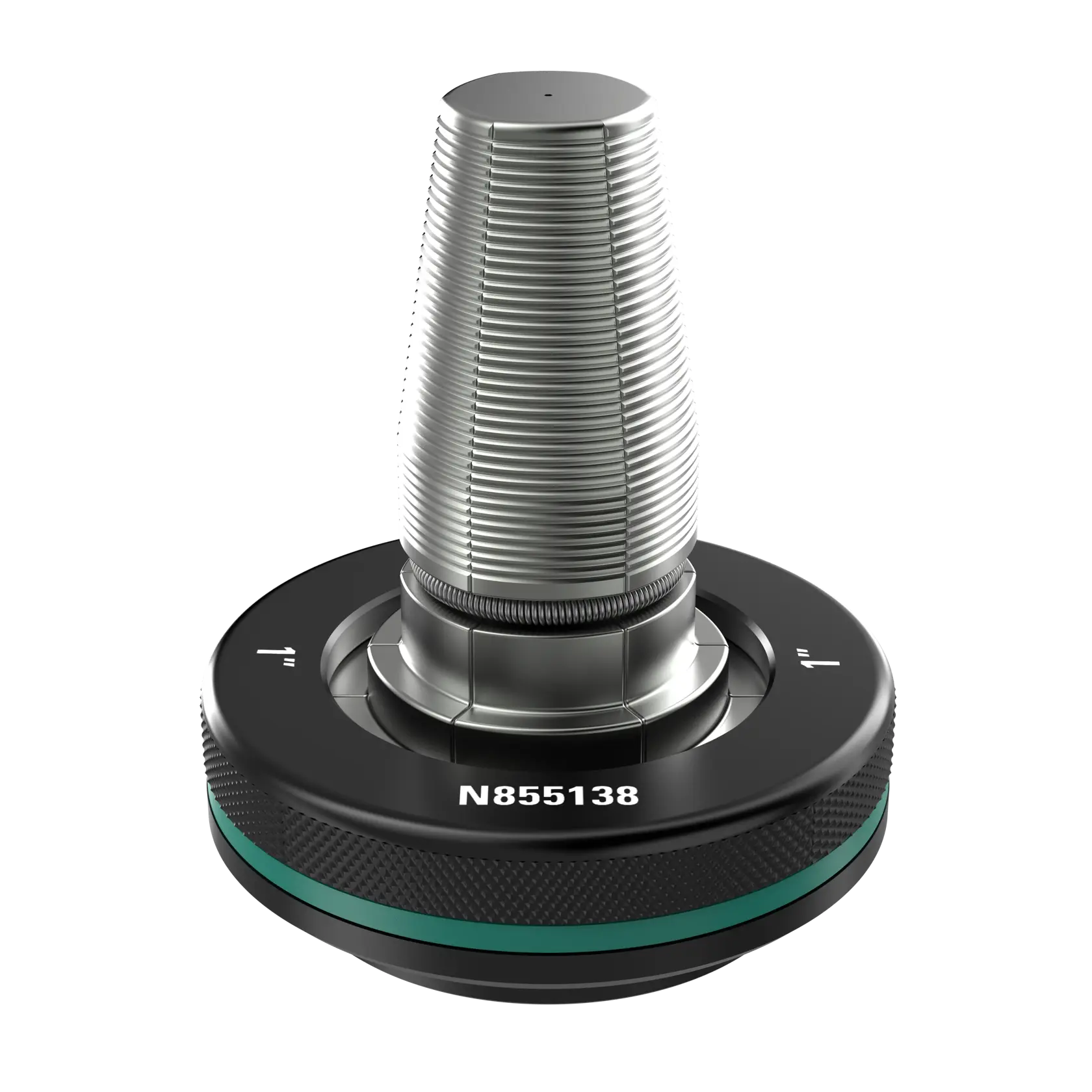 A close-up image of a DEWALT metal photographic accessory, featuring a grooved, conical metallic component mounted on a round, black base labeled N855138. The base has textured edges and directional markings.