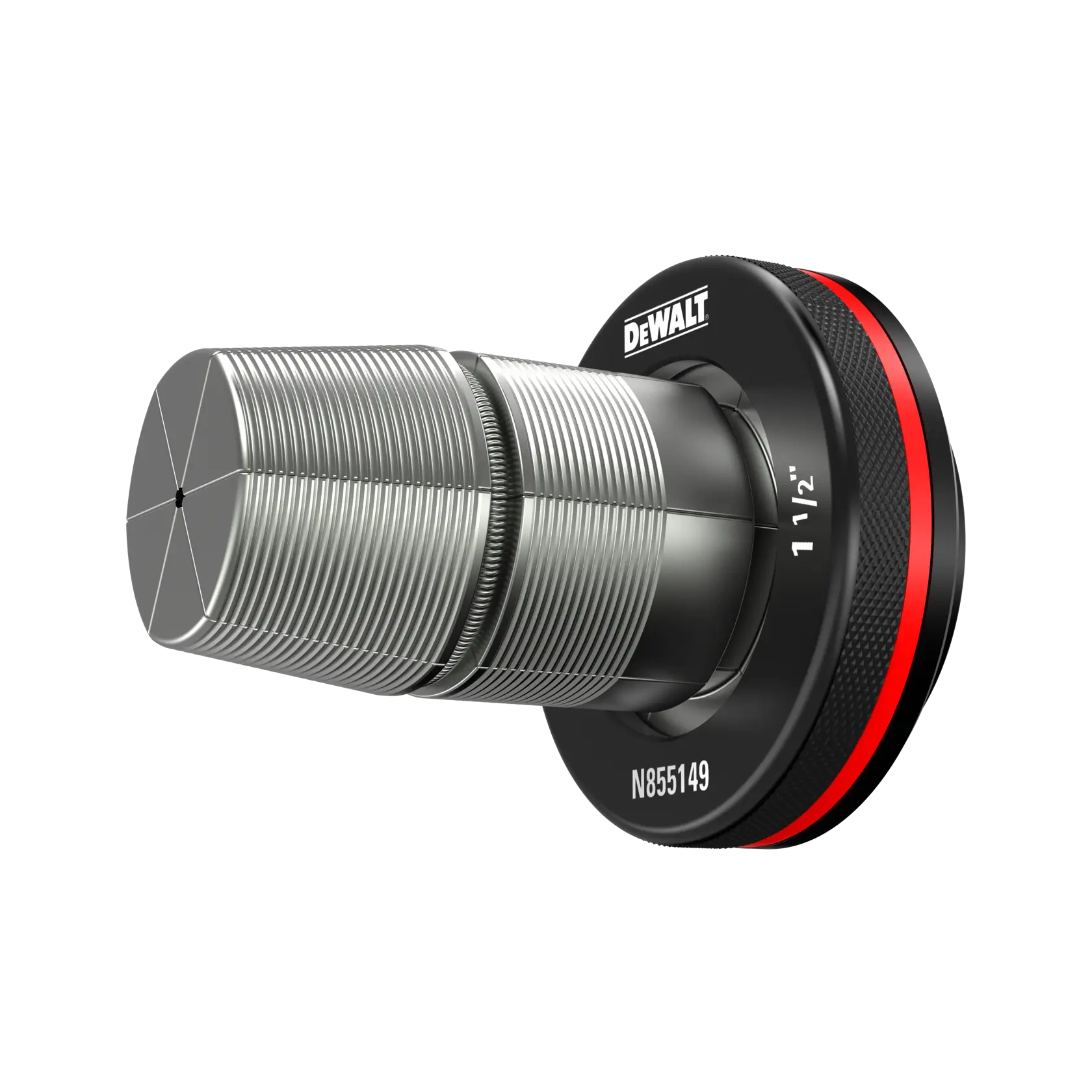 A close-up image of a DEWALT metal cutting tool accessory with threaded grooves, labeled with '1 1/2"' and 'N855149', featuring a black and red ring.