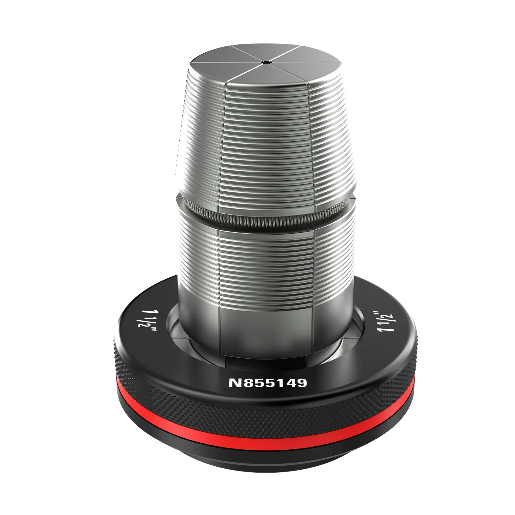 Close-up image of a metallic DEWALT tool component, featuring a knurled and threaded cylindrical part with a black ring marked '1 1/2"' and 'N855149', and a red accent stripe near the base.