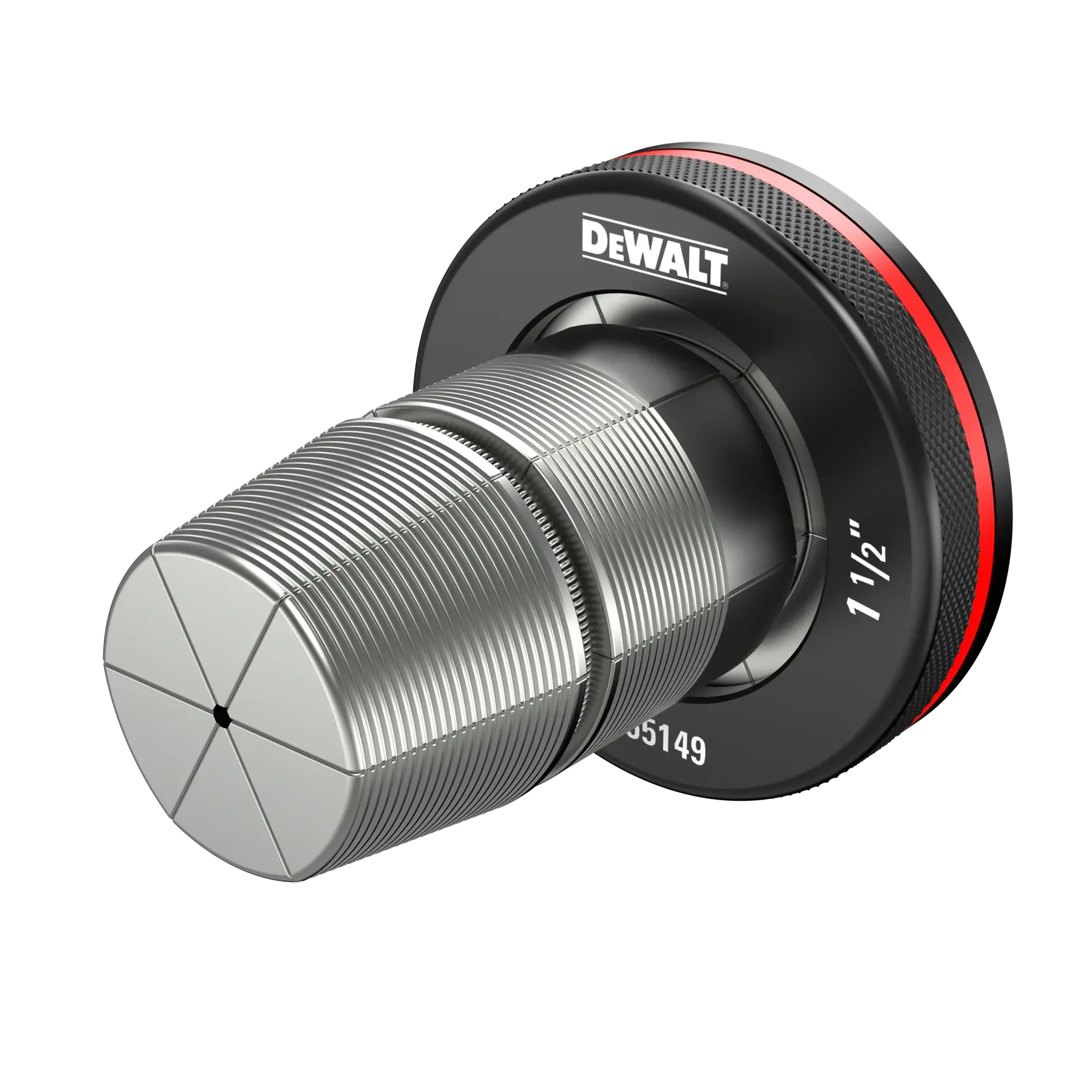 Close-up of a DEWALT branded metal tool component with a threaded cylindrical body and a black circular base labeled 1 1/2 inches. The tool features precision grooves and a red accent ring.
