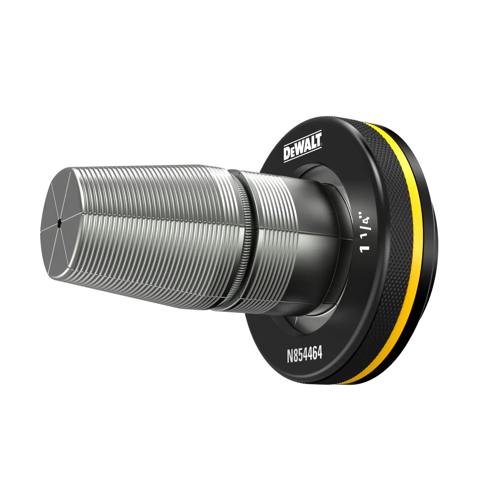 A close-up image of a DEWALT 1 1/4 inch steel threading die with black and yellow accents, model number N854464.