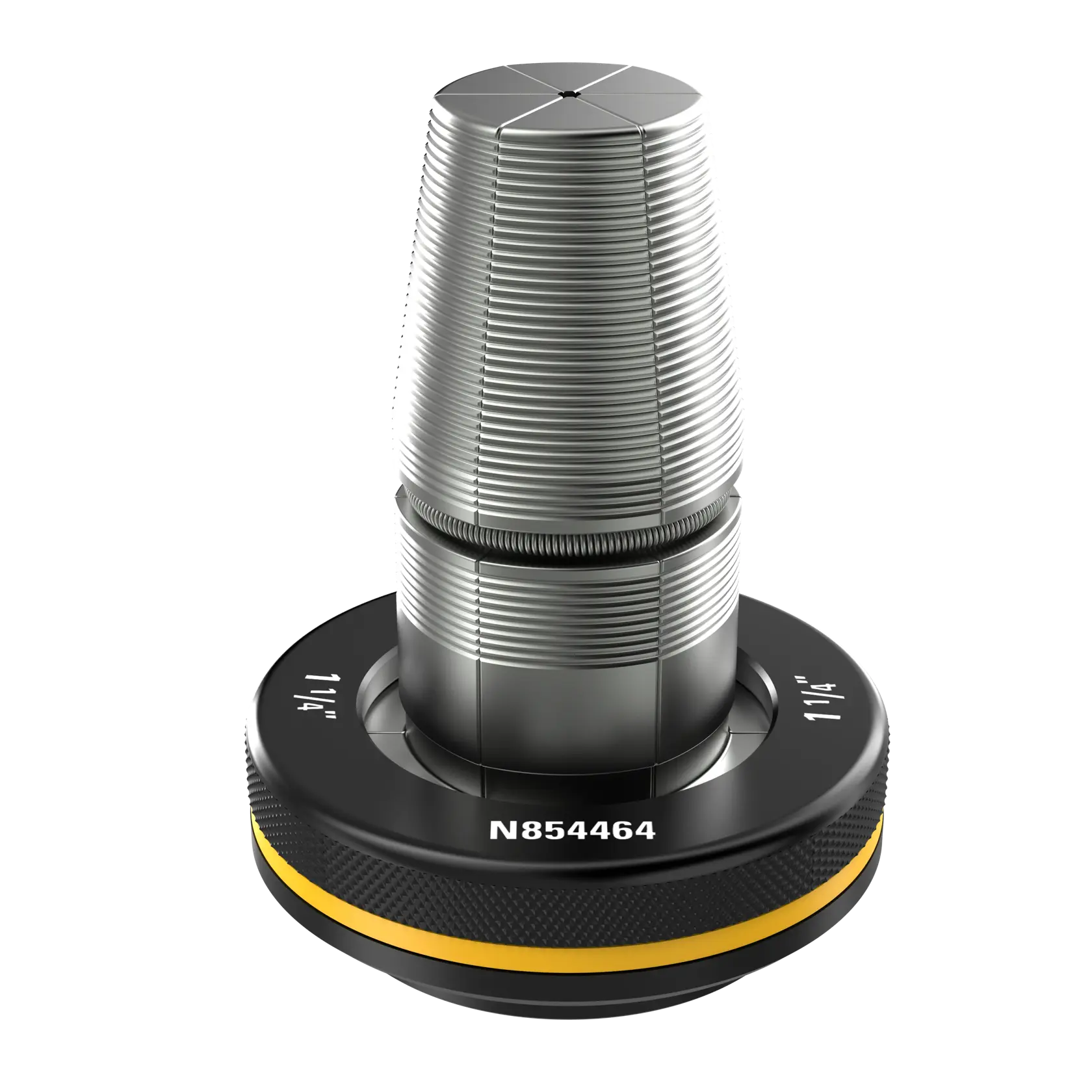A DEWALT metal photography accessory, likely a lens adapter or connector with ridged surface, black and yellow base, and the code N854464 printed on it.