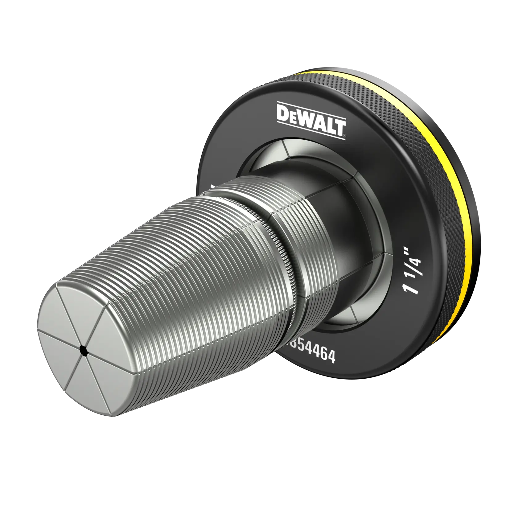 A close-up image of a DEWALT brand photography accessory, featuring a cylindrical metal component with grooves and a black circular base labeled with 'DEWALT' and '1 1/4"'.