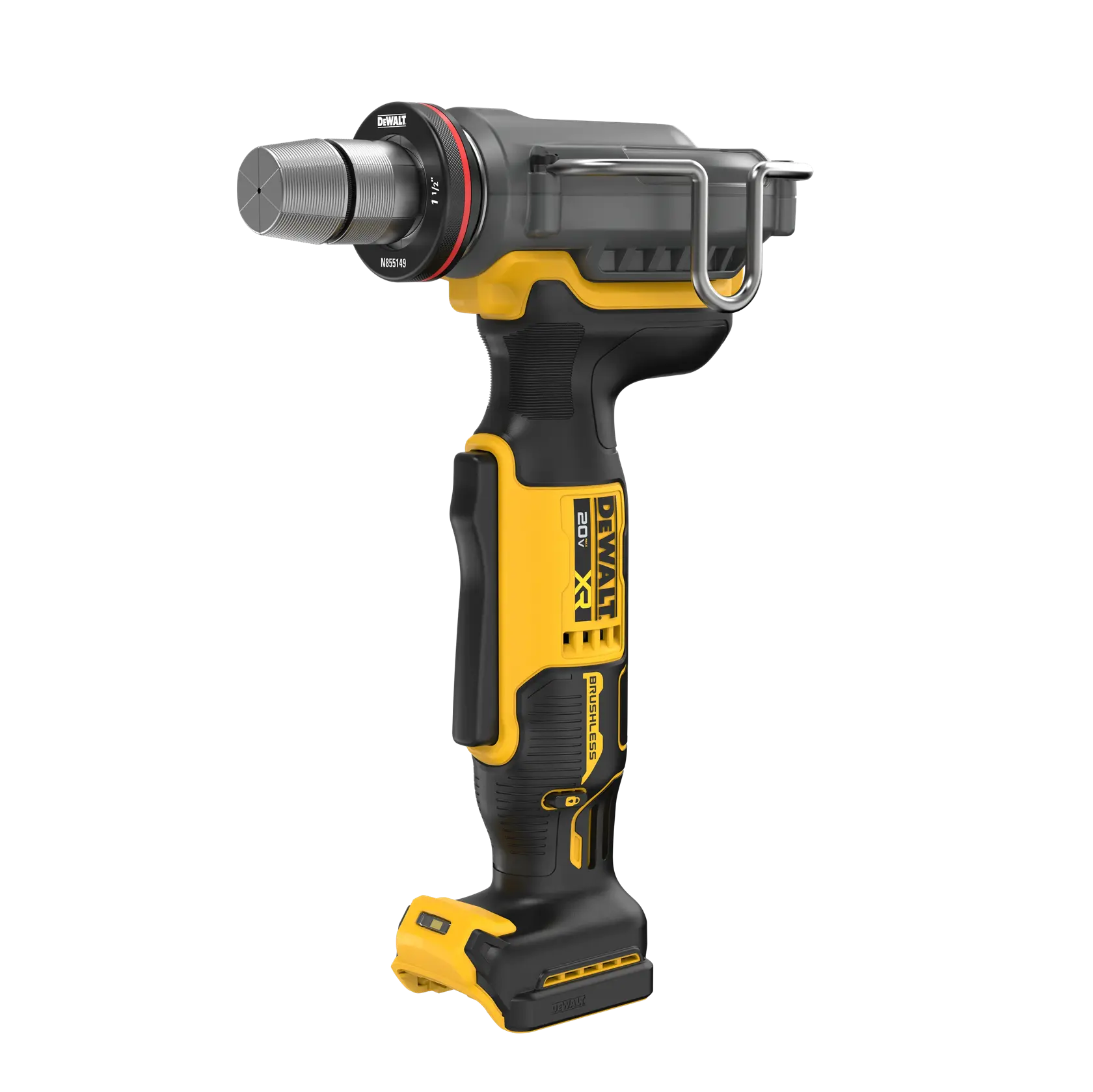 A DEWALT 20V cordless inspection camera with a black and yellow handle and a metal camera head, designed for professional use.