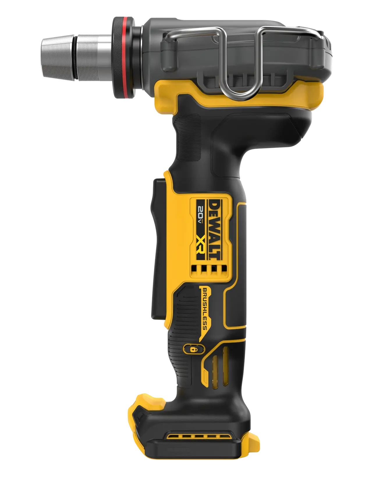 A DEWALT cordless inspection camera tool with a black and yellow ergonomic handle, brushless motor, and attachment point. The front features a metal camera head.