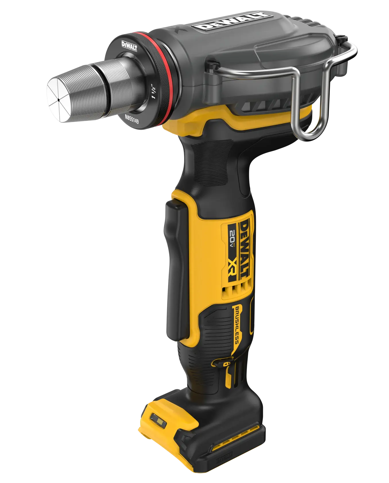 A DEWALT handheld inspection camera tool with a yellow and black body, featuring a cylindrical lens attachment on the front and a sturdy handle.
