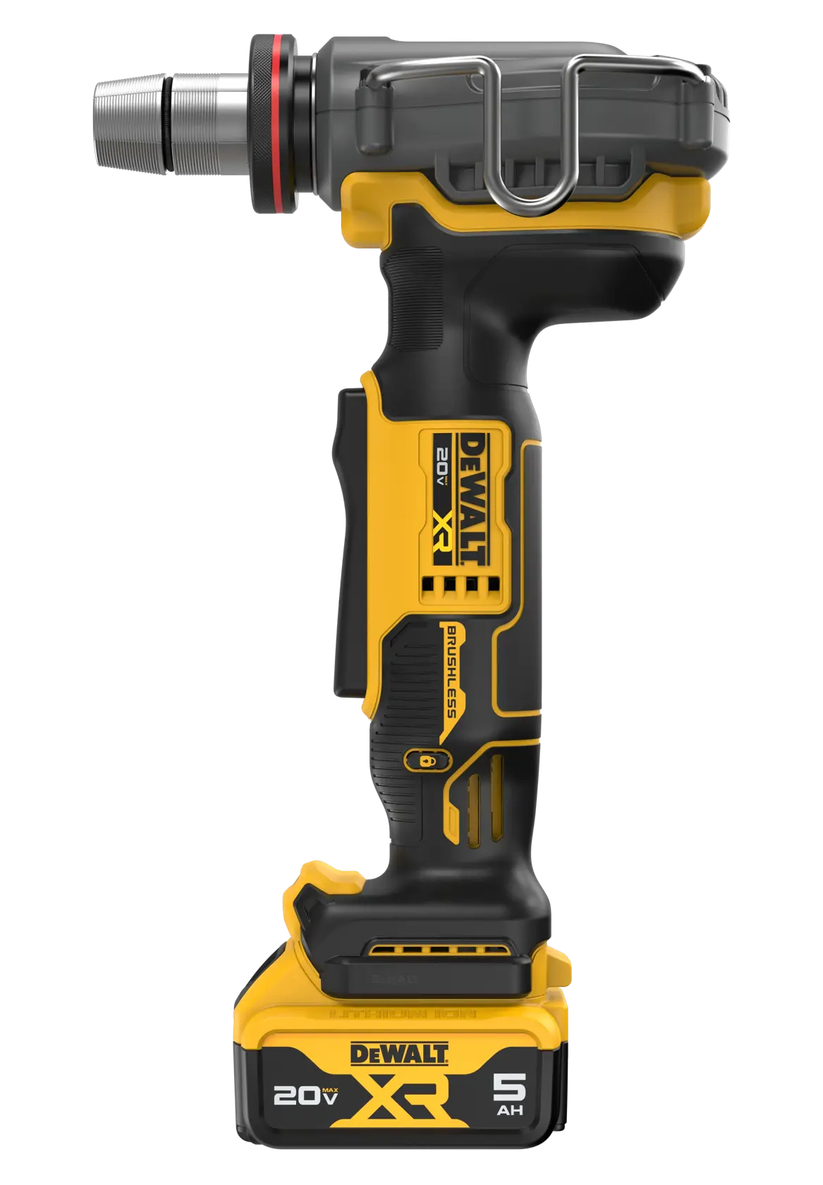 A DEWALT 20V XR cordless inspection camera tool with a black and yellow body, showing its battery pack and ergonomic handle. The tool has a lens attachment on the front and a metal clip on the top.