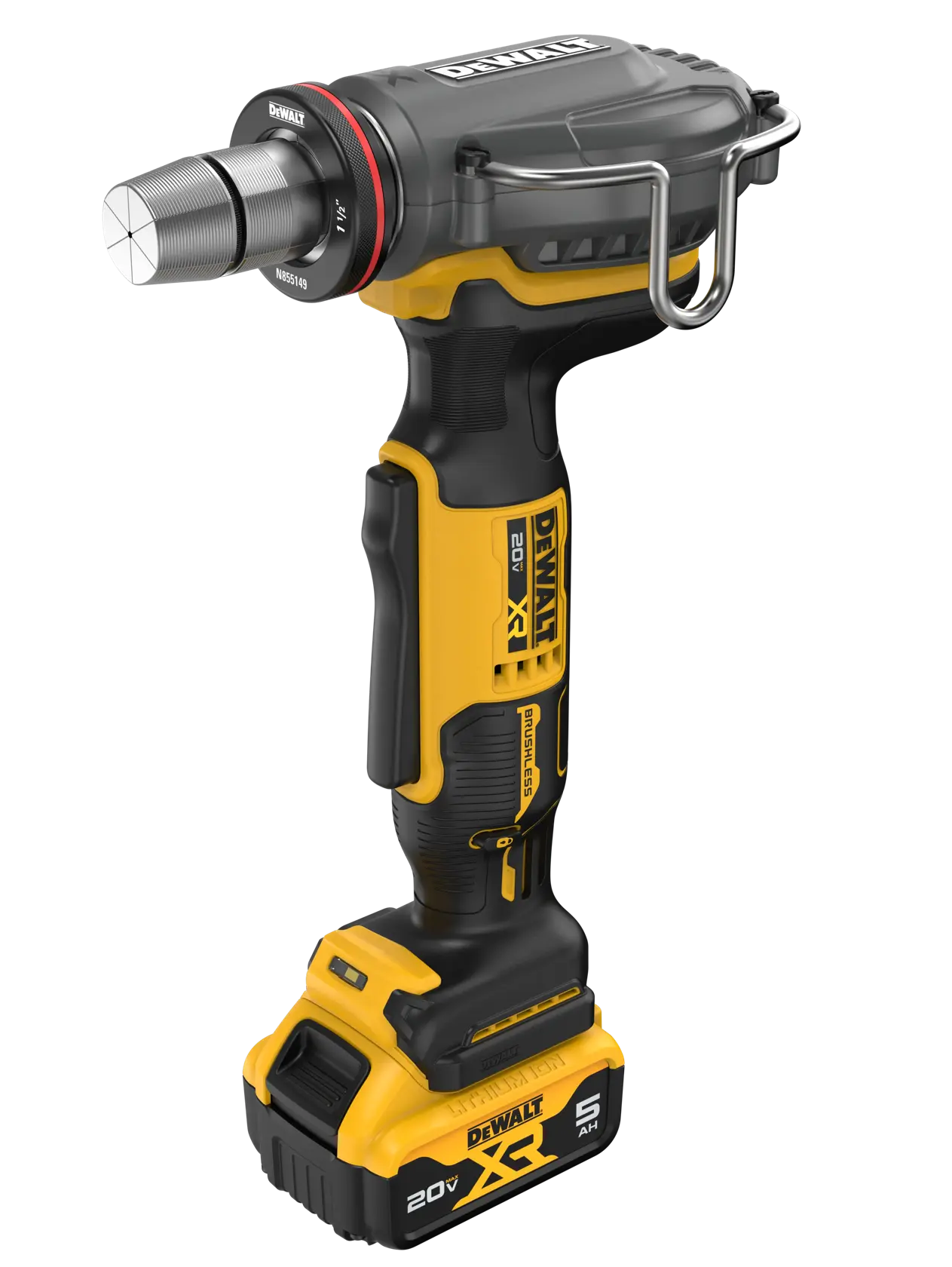 A DEWALT 20V XR cordless inspection camera with a black and yellow body, a large lens at the front, and a battery pack attached at the bottom. The tool features a hook on its side for convenient hanging.