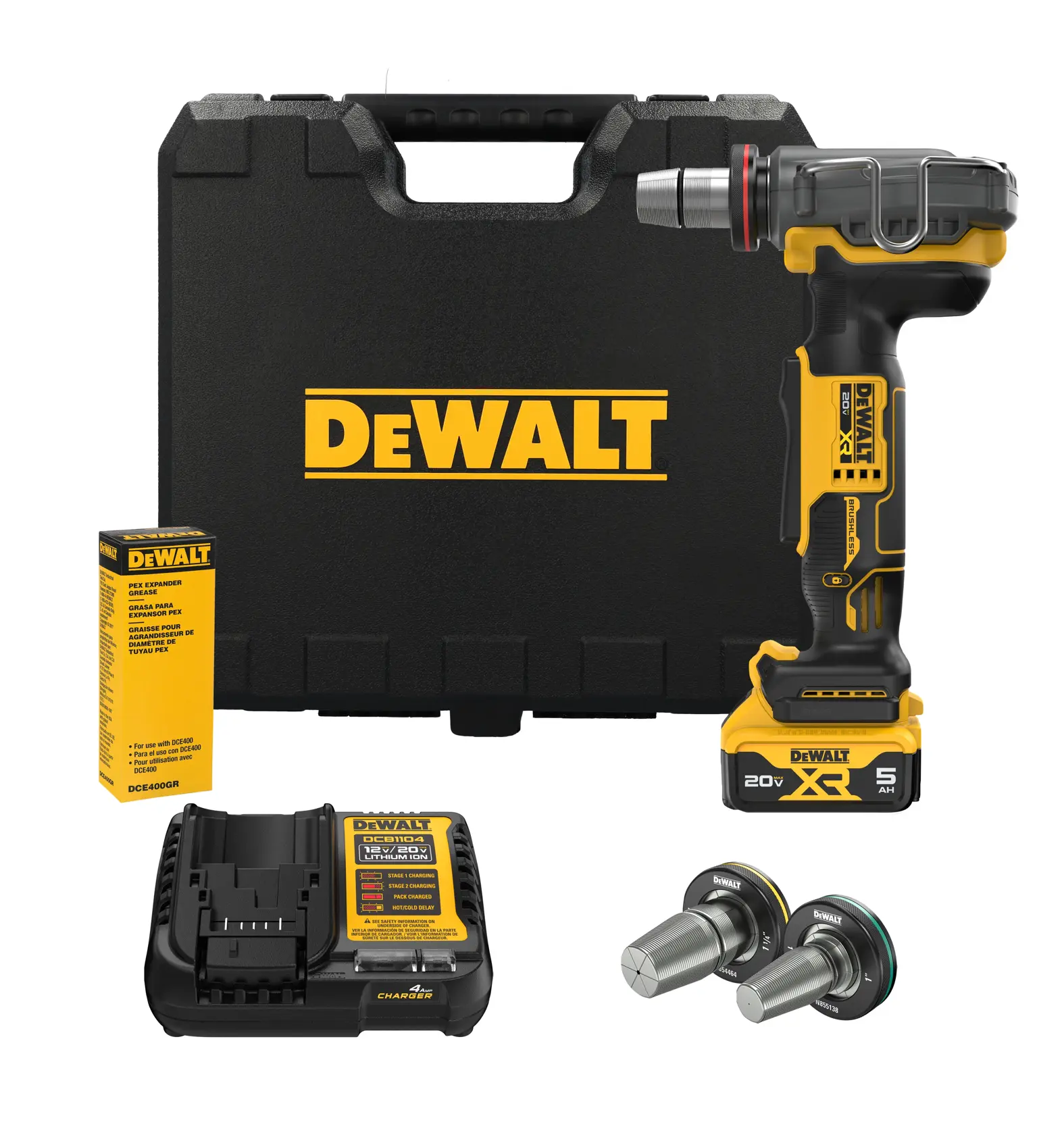 A DEWALT product kit including a black and yellow cordless tool with a 20V battery, a hard plastic carrying case, a battery charger, two metal attachments, and a small box of accessories or parts.