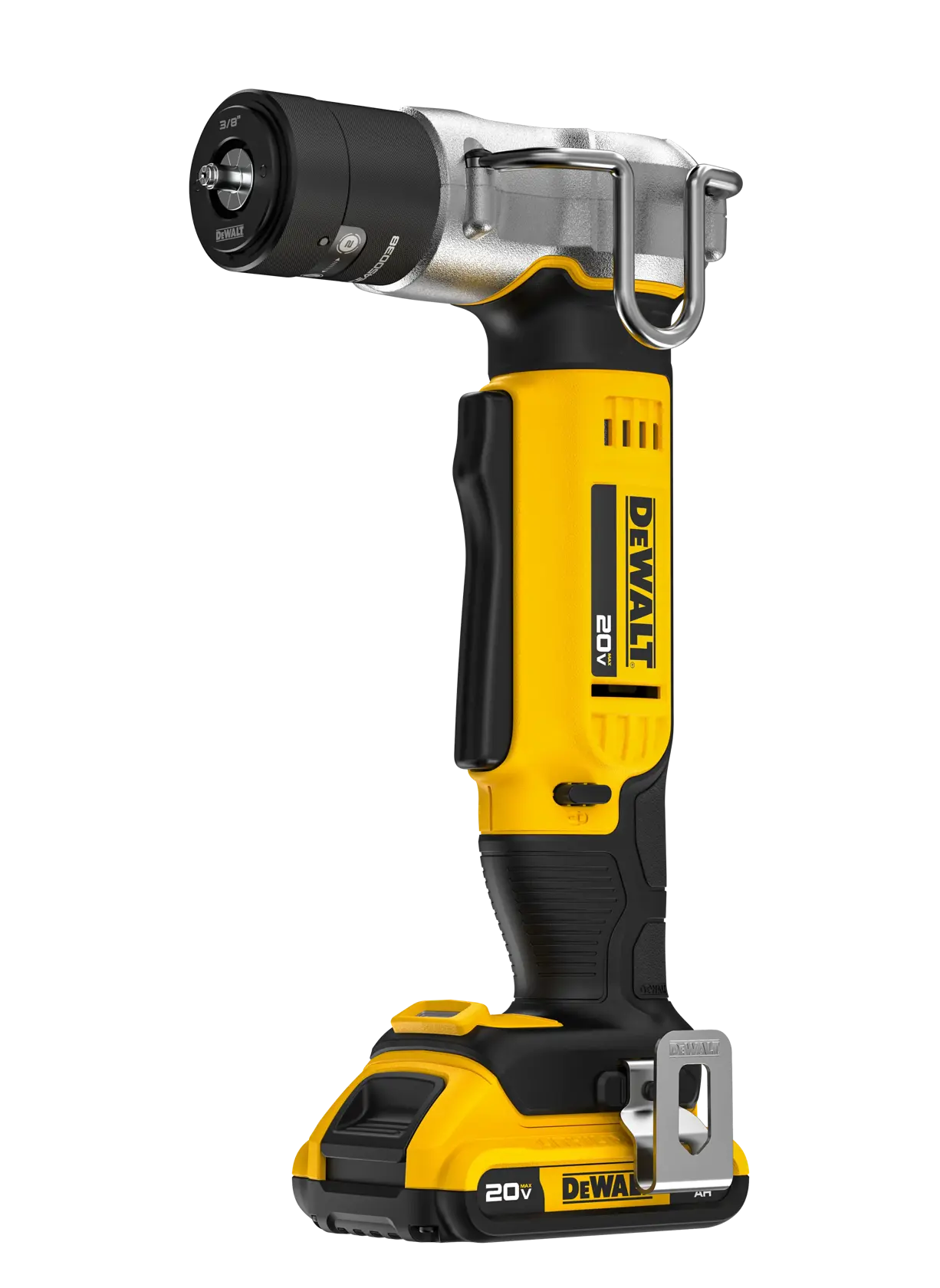 A DEWALT 20V cordless right angle drill tool, featuring a yellow and black handle, metal head, and attached battery pack. The tool is standing upright with the DEWALT branding visible on the side.