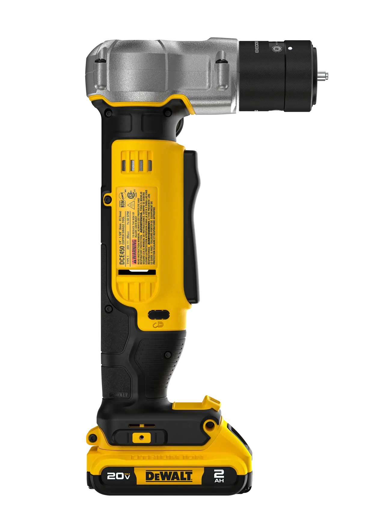 A DEWALT 20V cordless right angle drill with a yellow and black body, featuring a rechargeable battery pack at the bottom and a metallic drill head at the top. The model is DCE450D1.