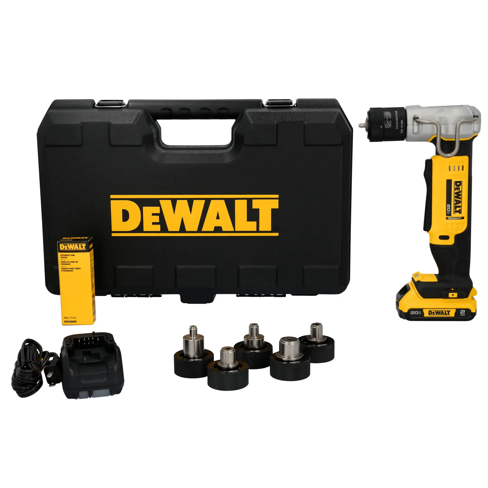 DEWALT kit including a black hard carrying case with the DEWALT logo, a yellow and black cordless right angle drill, battery charger, power cable, a yellow DEWALT box, and five interchangeable metal attachments. All items are displayed on a white background.