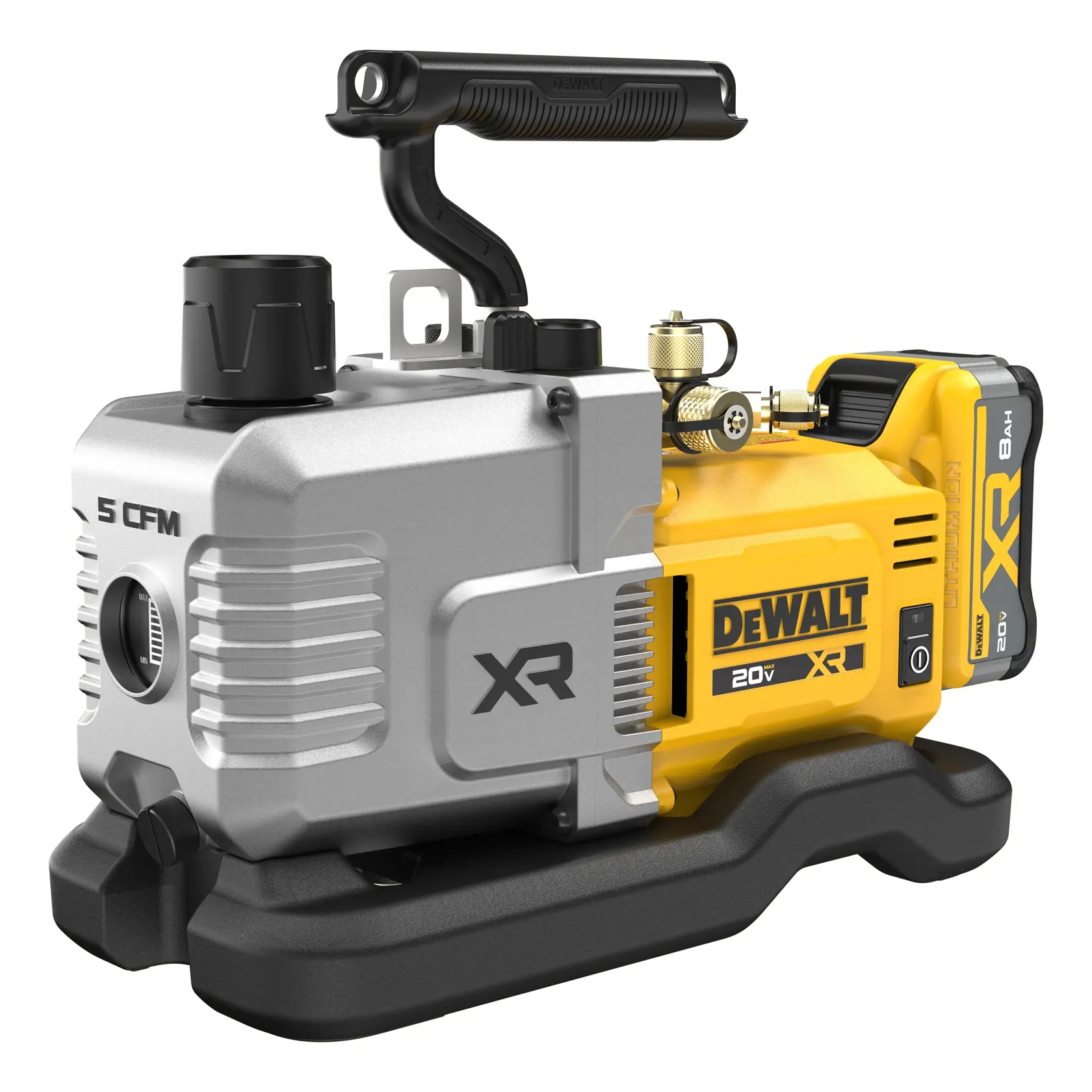 A DEWALT branded portable vacuum pump, model DCE510WW1, featuring a yellow and silver body, XR series labeling, and a 20V battery pack attached on the side. The pump is mounted on a sturdy black base and has a handle for carrying.