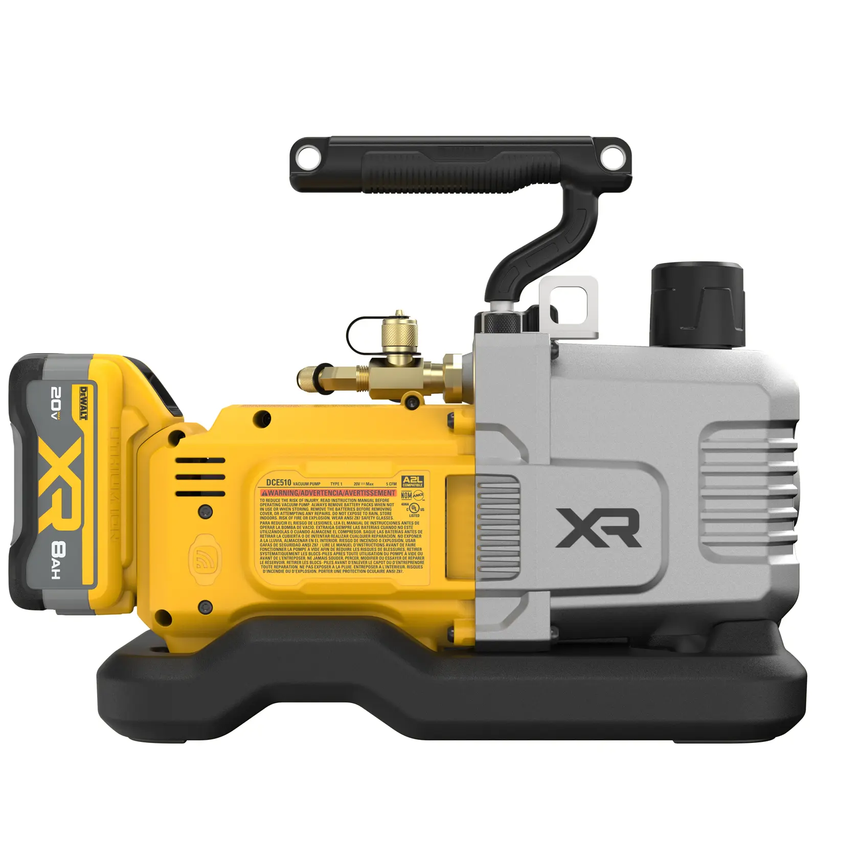 A DEWALT DCE510WW1 cordless yellow and grey vacuum pump with a black handle, featuring XR branding and an 8Ah 20V XR battery on the left side.
