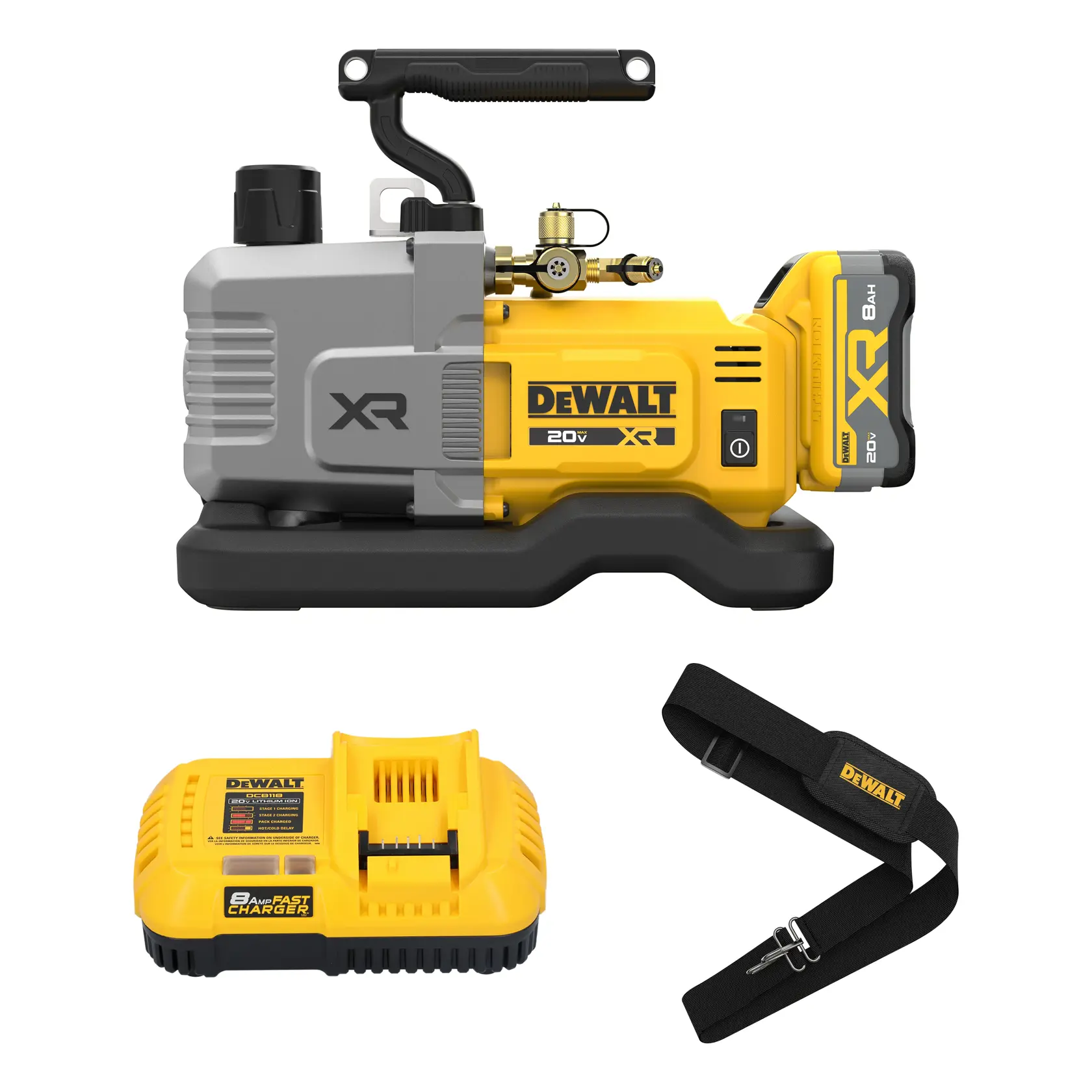 DEWALT 20V XR cordless air compressor with a battery, charger, and shoulder strap.