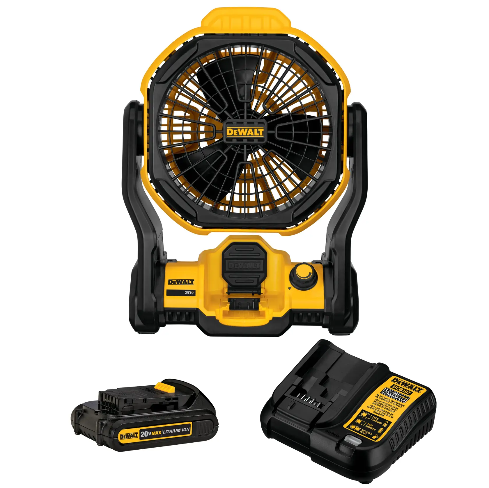 A DEWALT 20V Max cordless jobsite fan with a yellow and black design. Also shown are a 20V lithium-ion battery pack and a battery charger, placed in front of the fan.