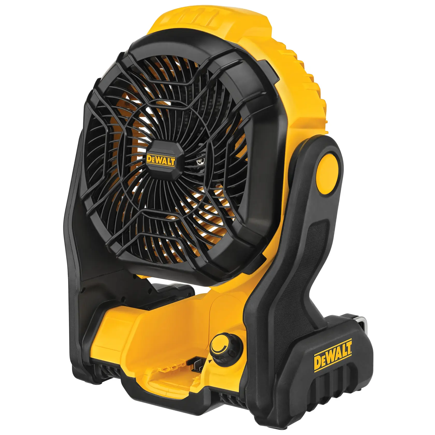 Portable yellow and black DEWALT cordless fan with adjustable head and sturdy base, suitable for work environments.