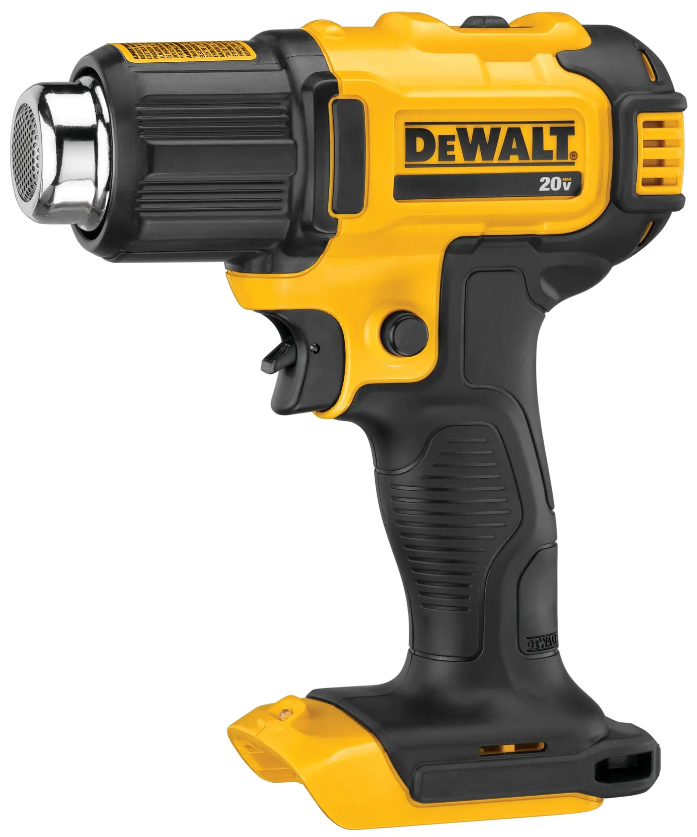 A DEWALT 20V handheld cordless heat gun, featuring a yellow and black ergonomic design, shown without its battery.