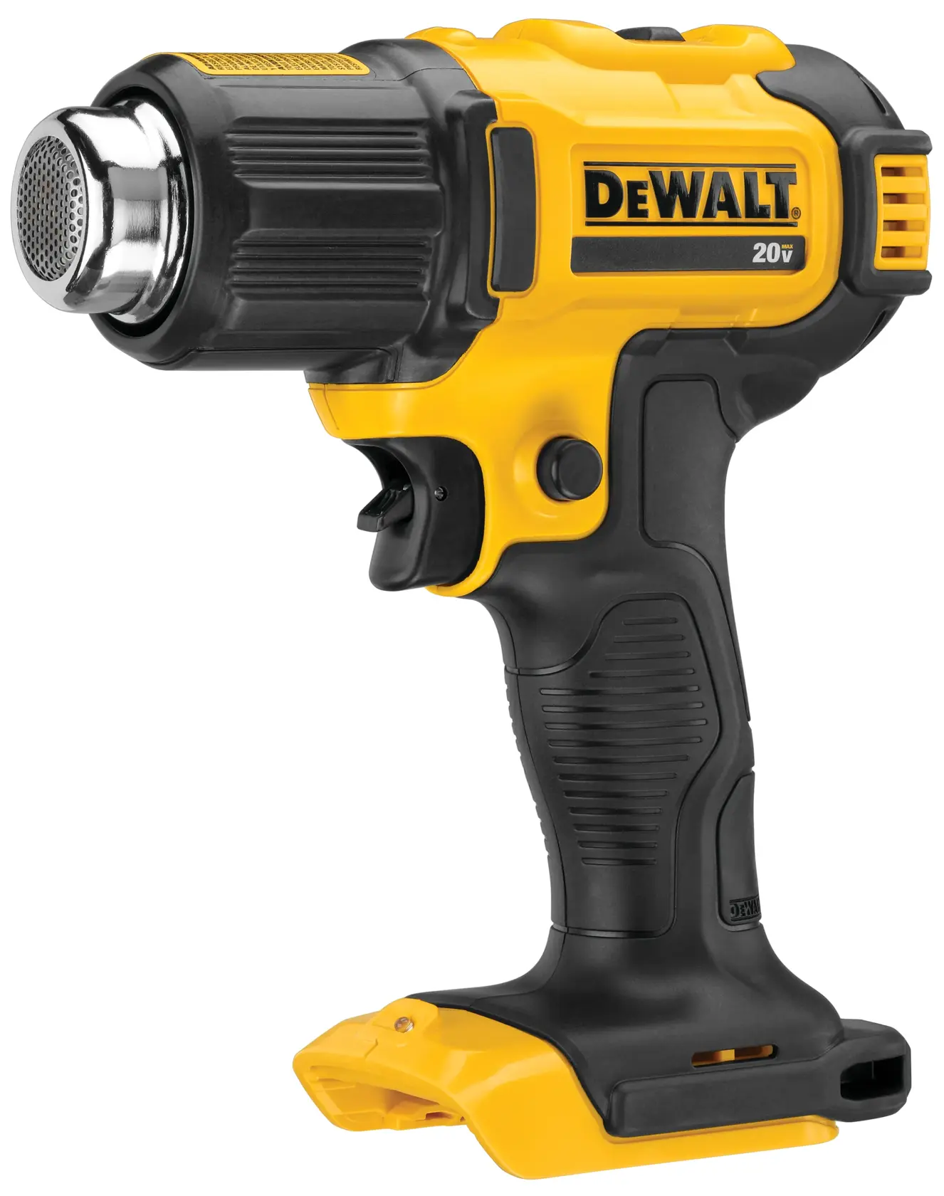 A DEWALT 20V cordless heat gun with a black and yellow body, ergonomic handle, and metal nozzle, model DCE530B. The tool is shown from the side against a white background.