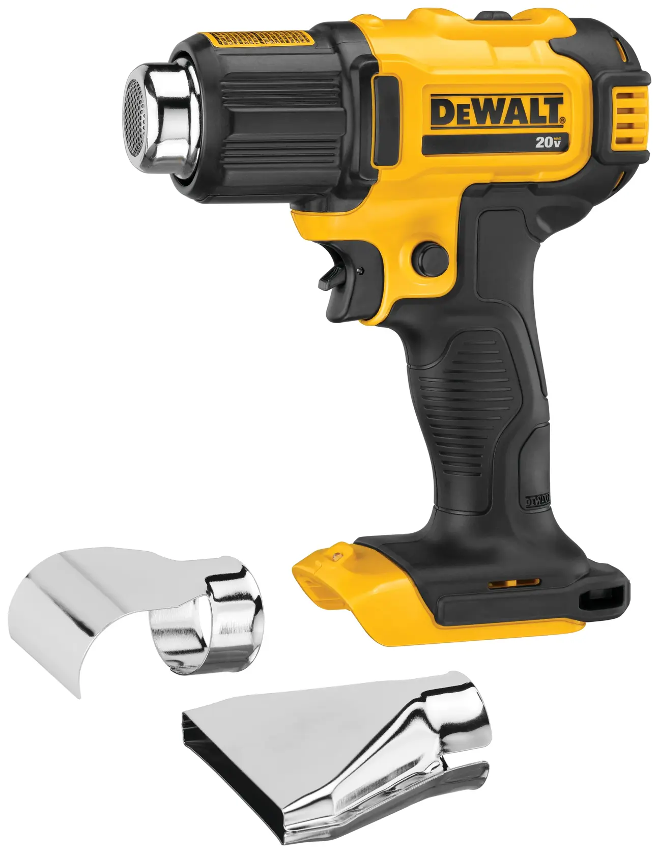 A yellow and black DEWALT 20V cordless heat gun with two interchangeable metal nozzles shown in front of it.