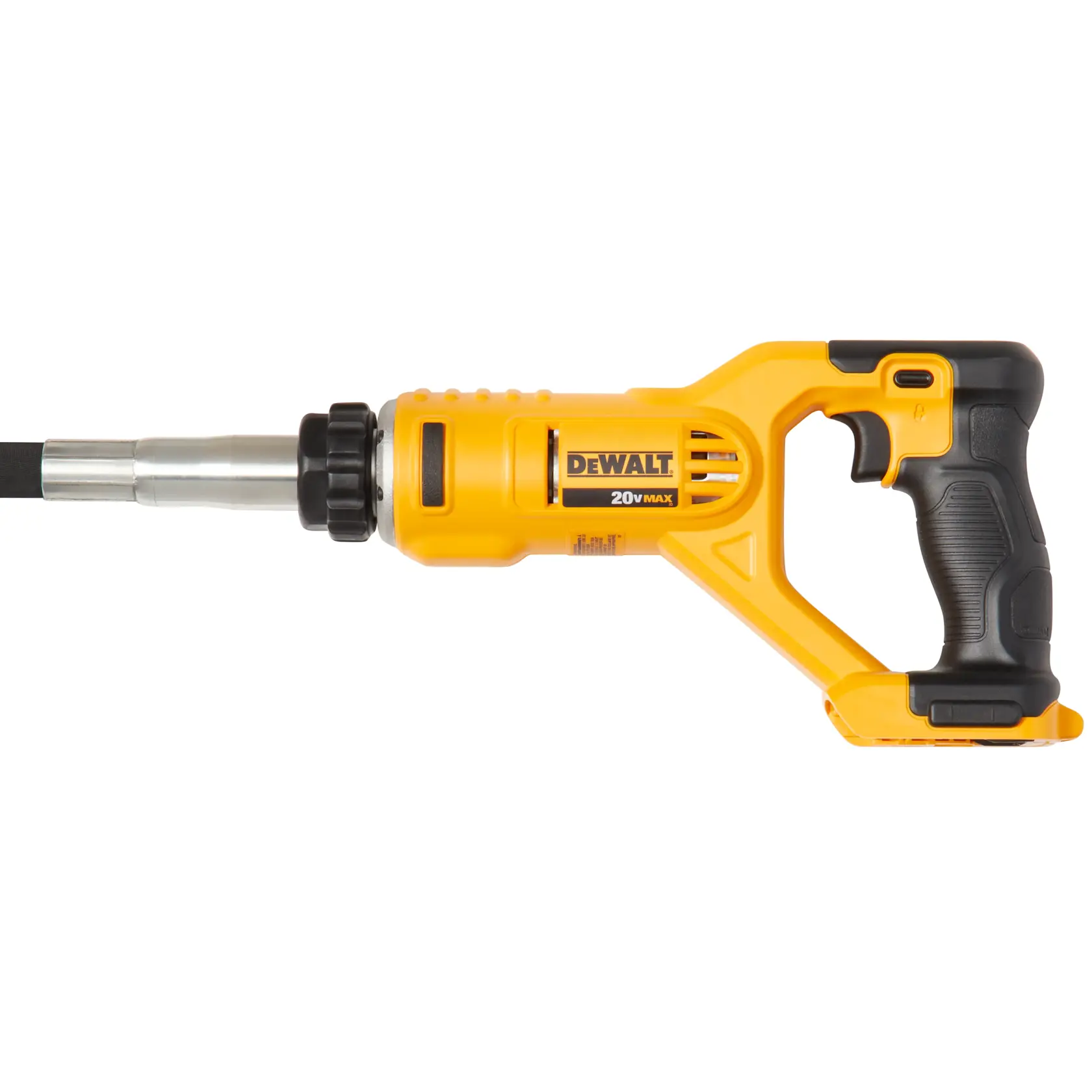 A DEWALT 20V MAX yellow and black handheld tool, specifically a cordless concrete vibrator, shown in a side profile against a white background.