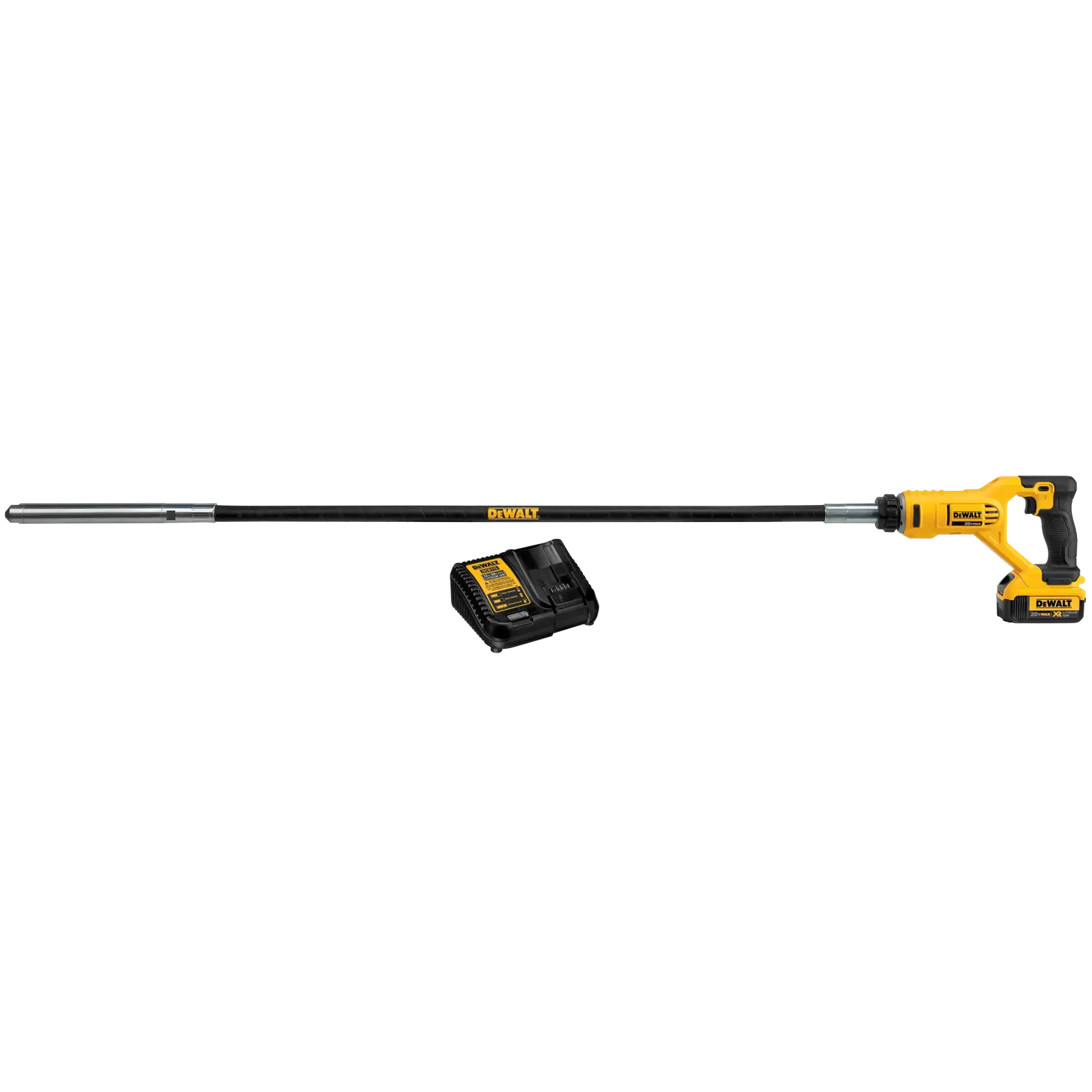 A DEWALT cordless concrete vibrator tool with a long black vibrating shaft, yellow handle, and attached battery, shown alongside a black battery charger.
