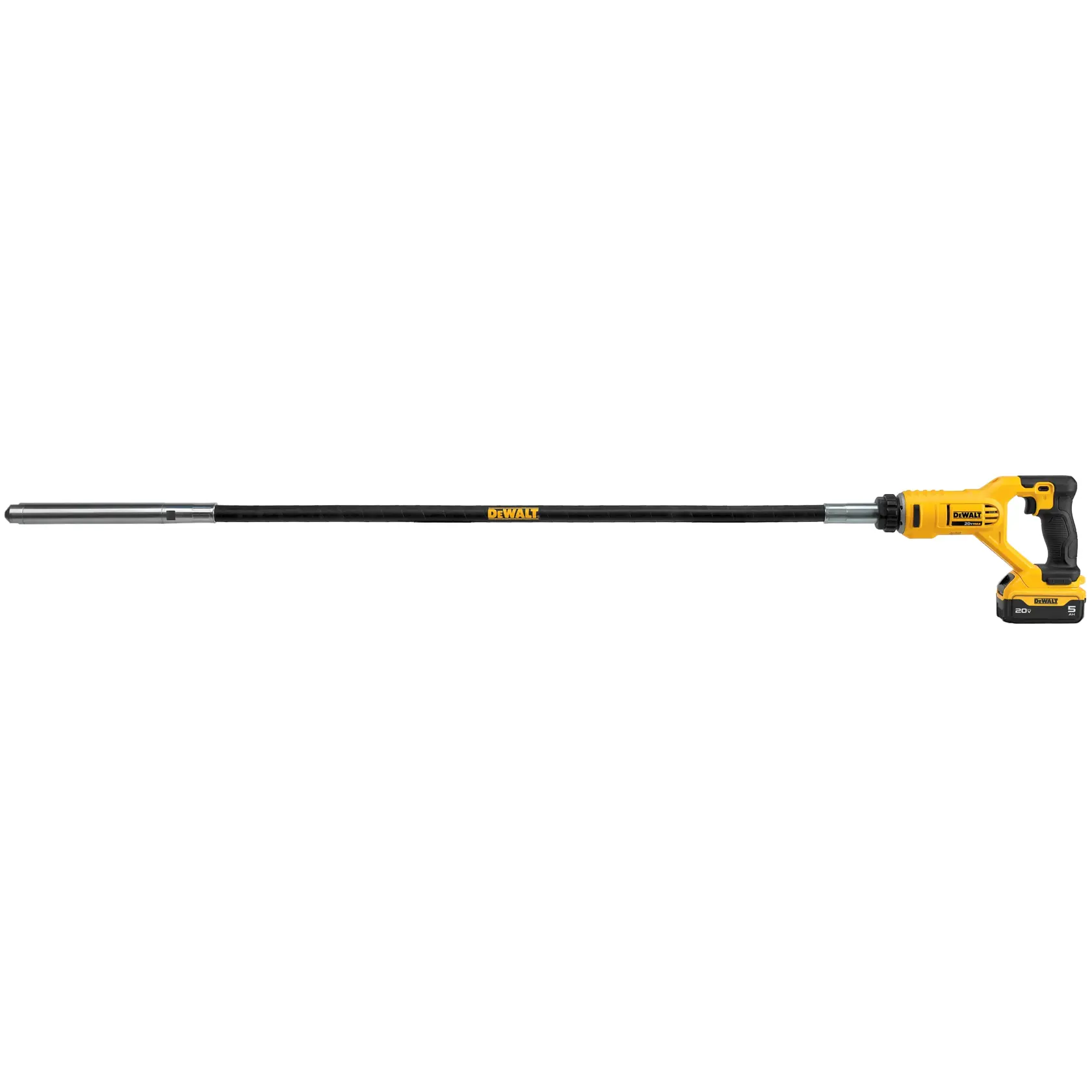 A DEWALT cordless concrete vibrator with a long black and yellow shaft, battery attached at the handle, and a metallic vibrating head.