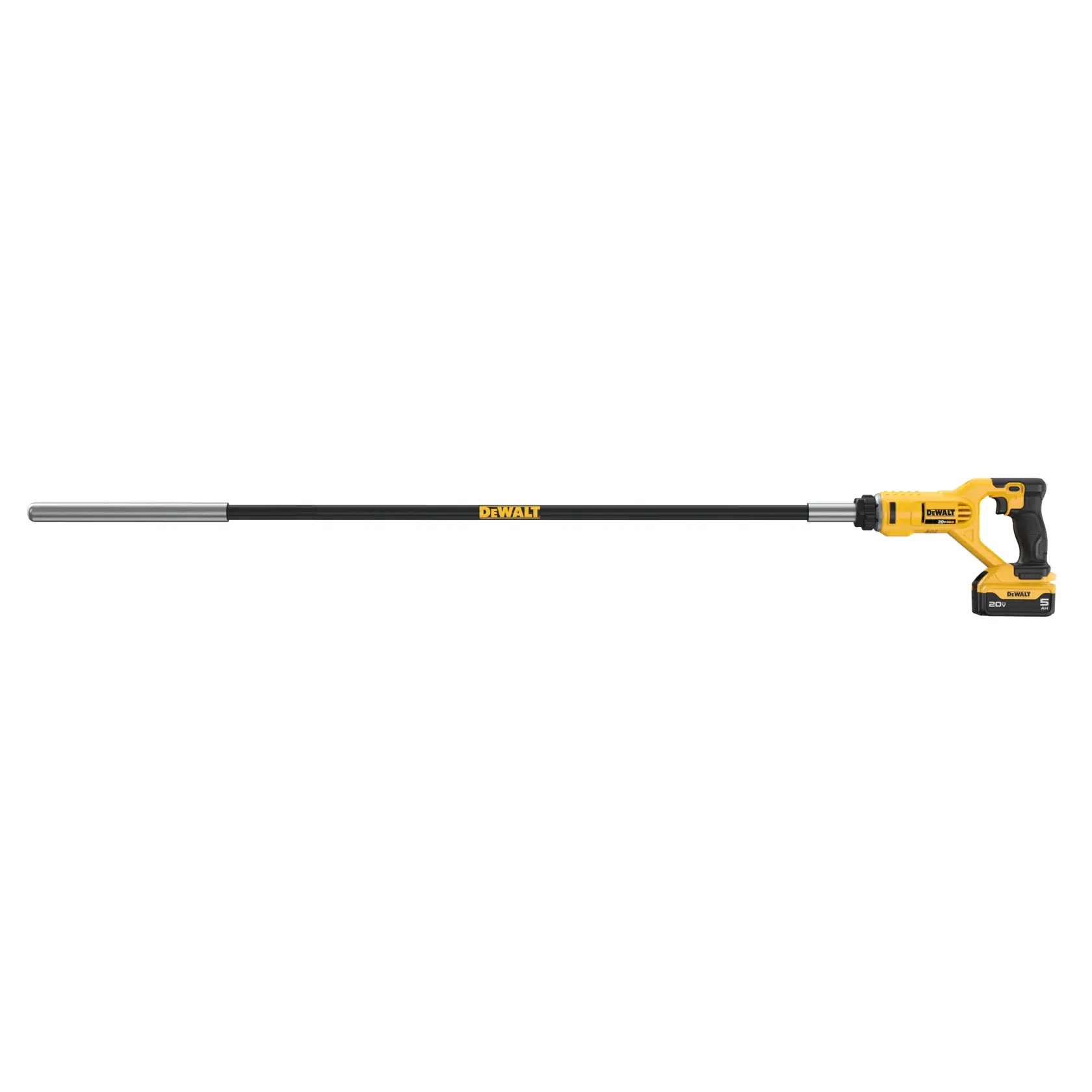 A DEWALT cordless concrete vibrator with a long shaft, yellow and black in color, shown against a white background.