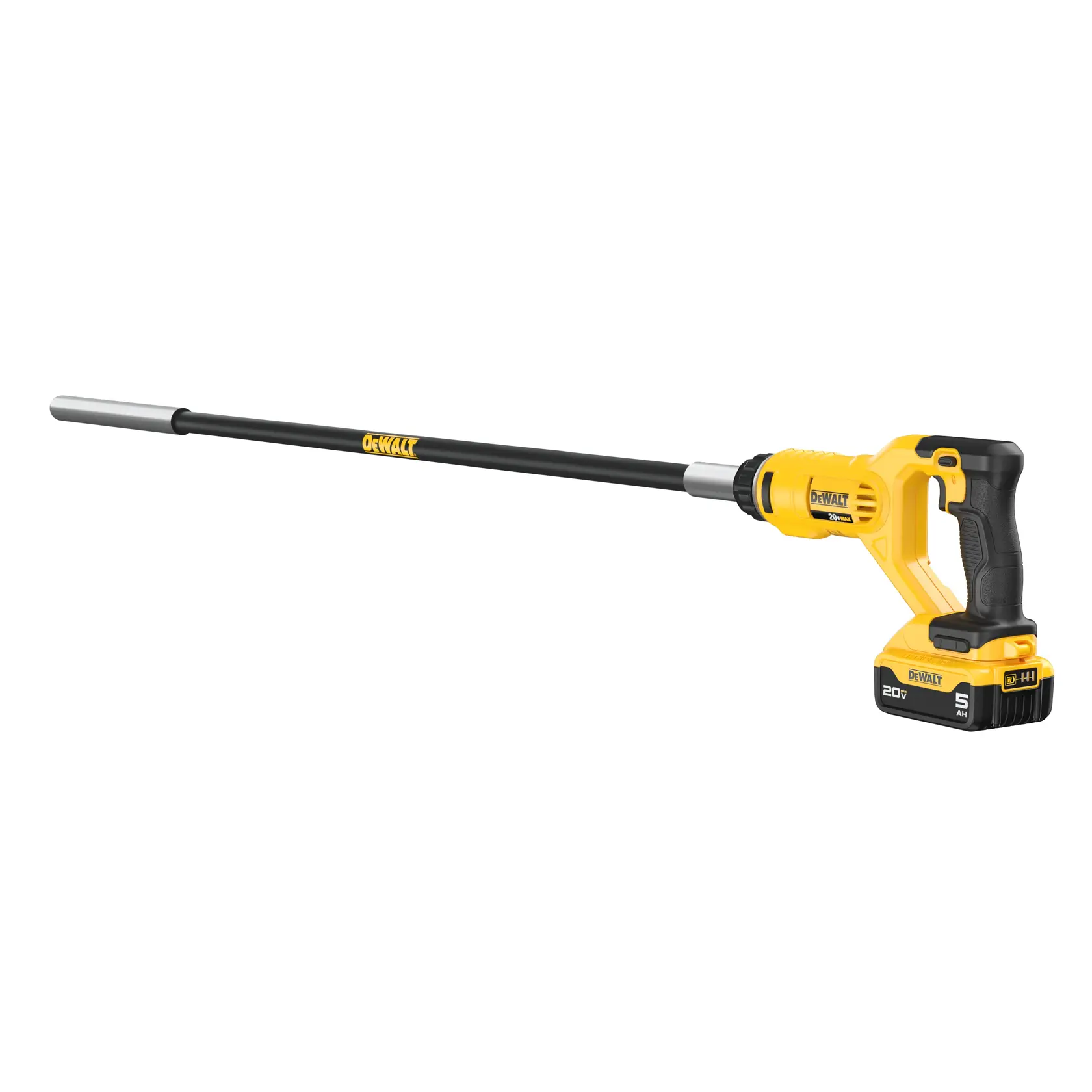 A DEWALT cordless concrete vibrator tool with a yellow and black design, featuring a long shaft and a battery pack attached to the handle, shown isolated on a white background.
