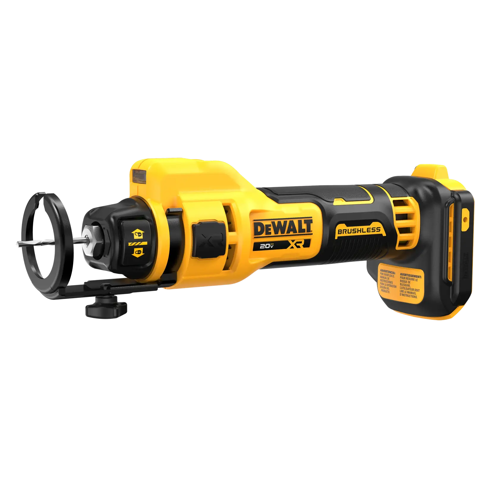 A DEWALT 20V XR brushless rotary tool with a yellow and black body, shown with a protective guard and attachment for precision cutting. The tool is cordless and designed for high performance.