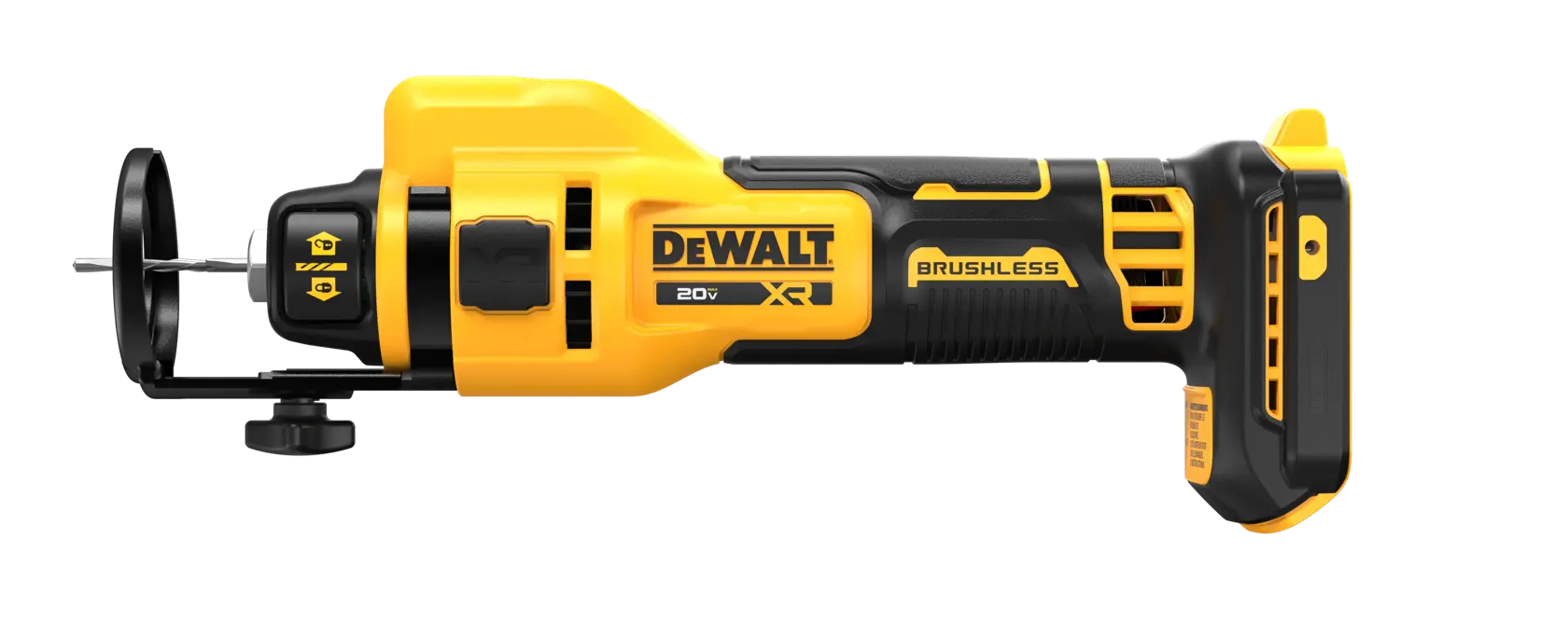 A DEWALT cordless rotary tool, model DCE555B, with brushless motor technology. The tool is yellow and black, has a visible cutting bit and guard, and is designed for drywall and other material cutting tasks.