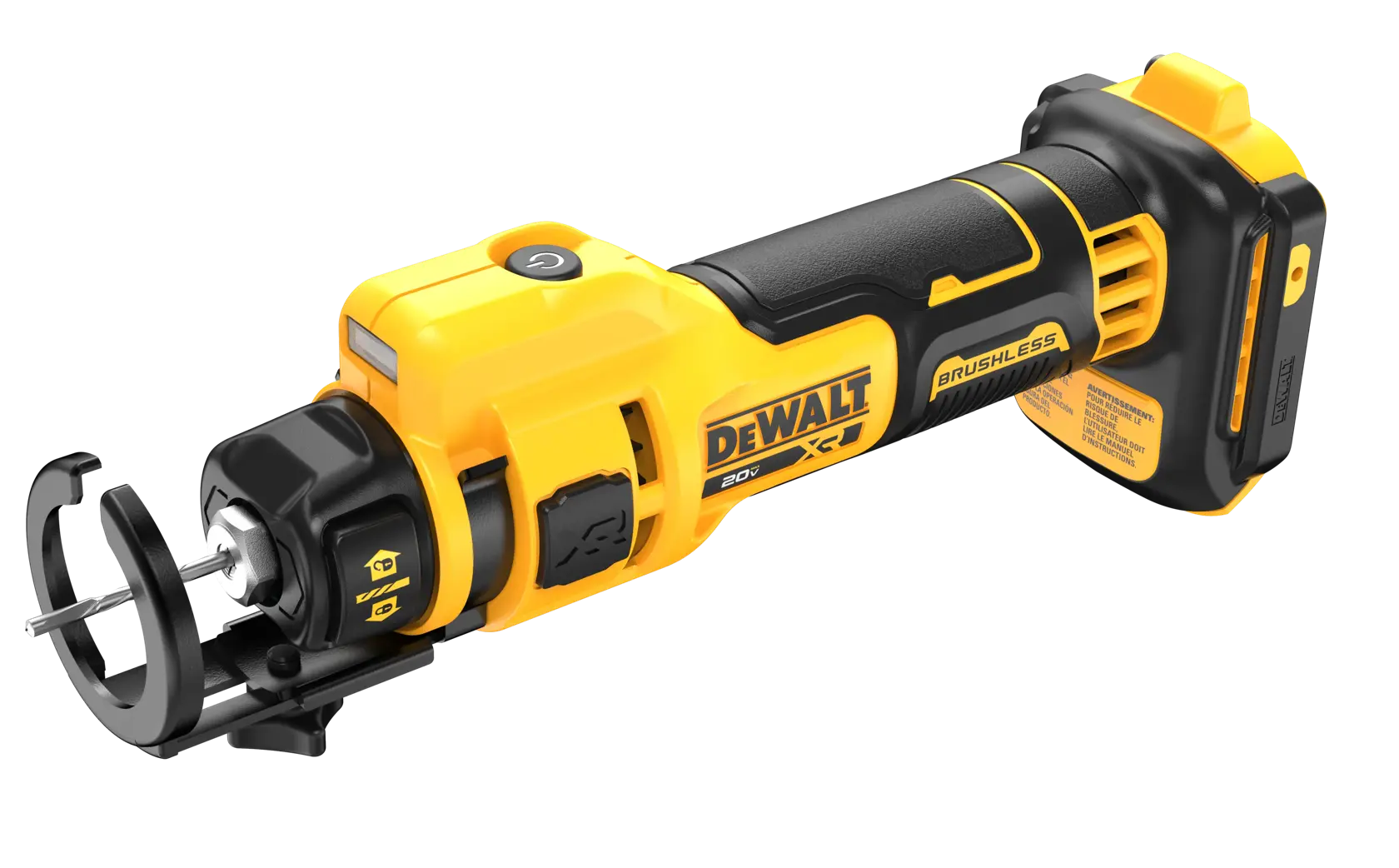 A DEWALT 20V cordless rotary cut-out tool with a brushless motor, featuring a yellow and black design, shown isolated on a white background.