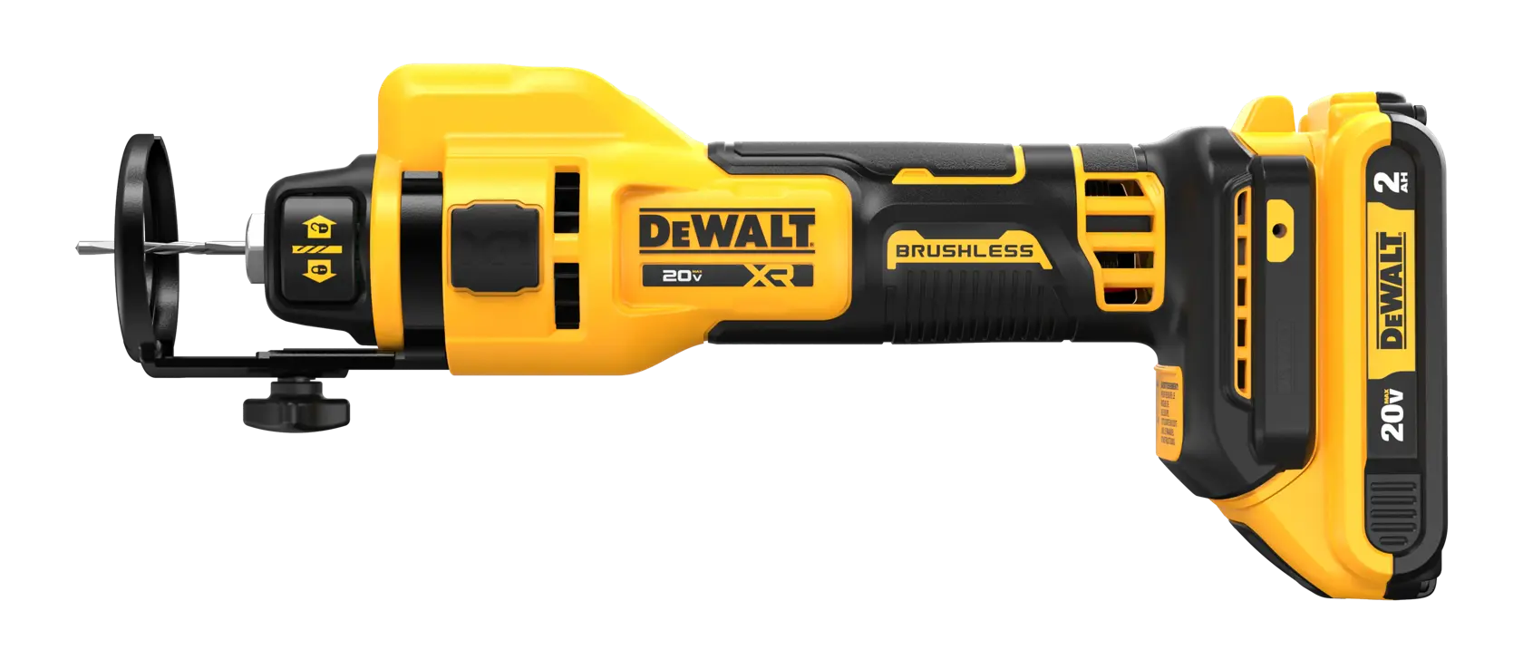 A yellow and black DEWALT 20V XR cordless rotary tool with a brushless motor, shown on a white background. The rechargeable battery and bit are attached.
