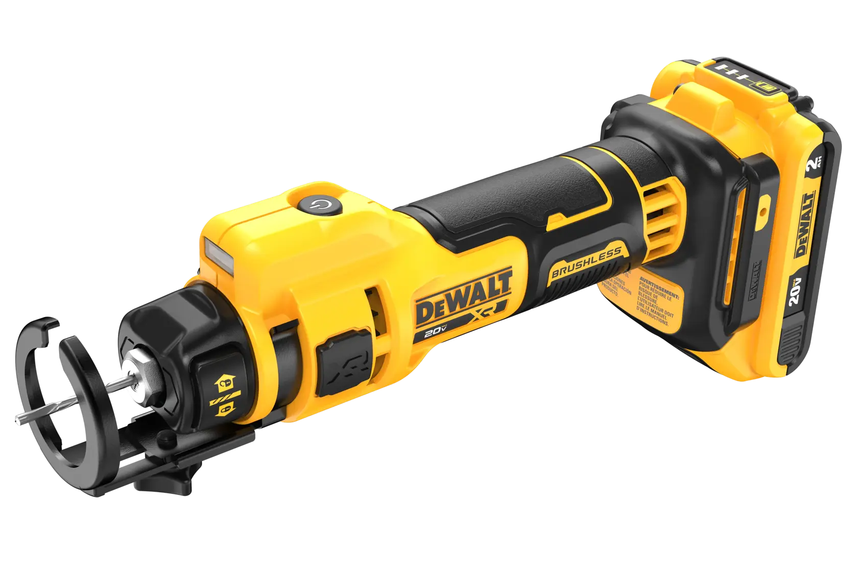 A DEWALT 20V cordless rotary cut-out tool with a brushless motor, shown with a yellow and black body, battery attached at the rear, and a cutting bit with guard at the front.
