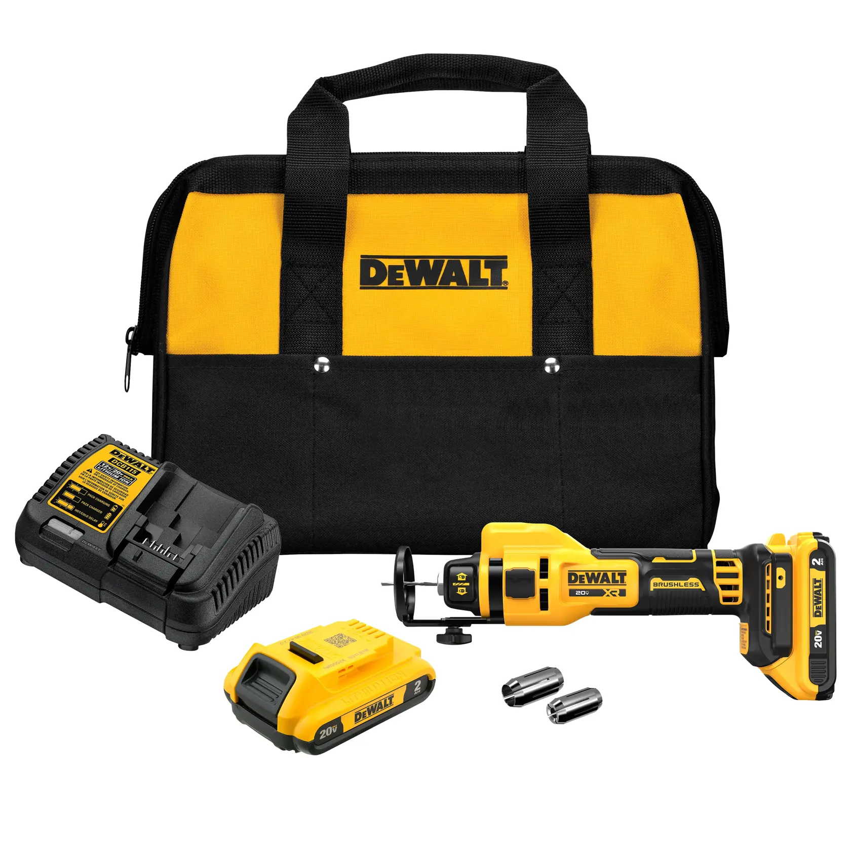 A DEWALT cordless rotary tool kit, including a yellow and black tool bag, a cordless rotary tool, a battery charger, a rechargeable battery, and two metallic tool accessories.