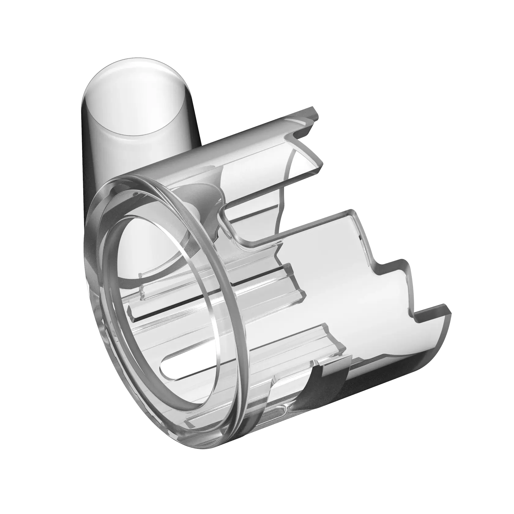 A transparent plastic dust collection attachment designed for a DEWALT tool, model DCE555DC, shown on a white background.