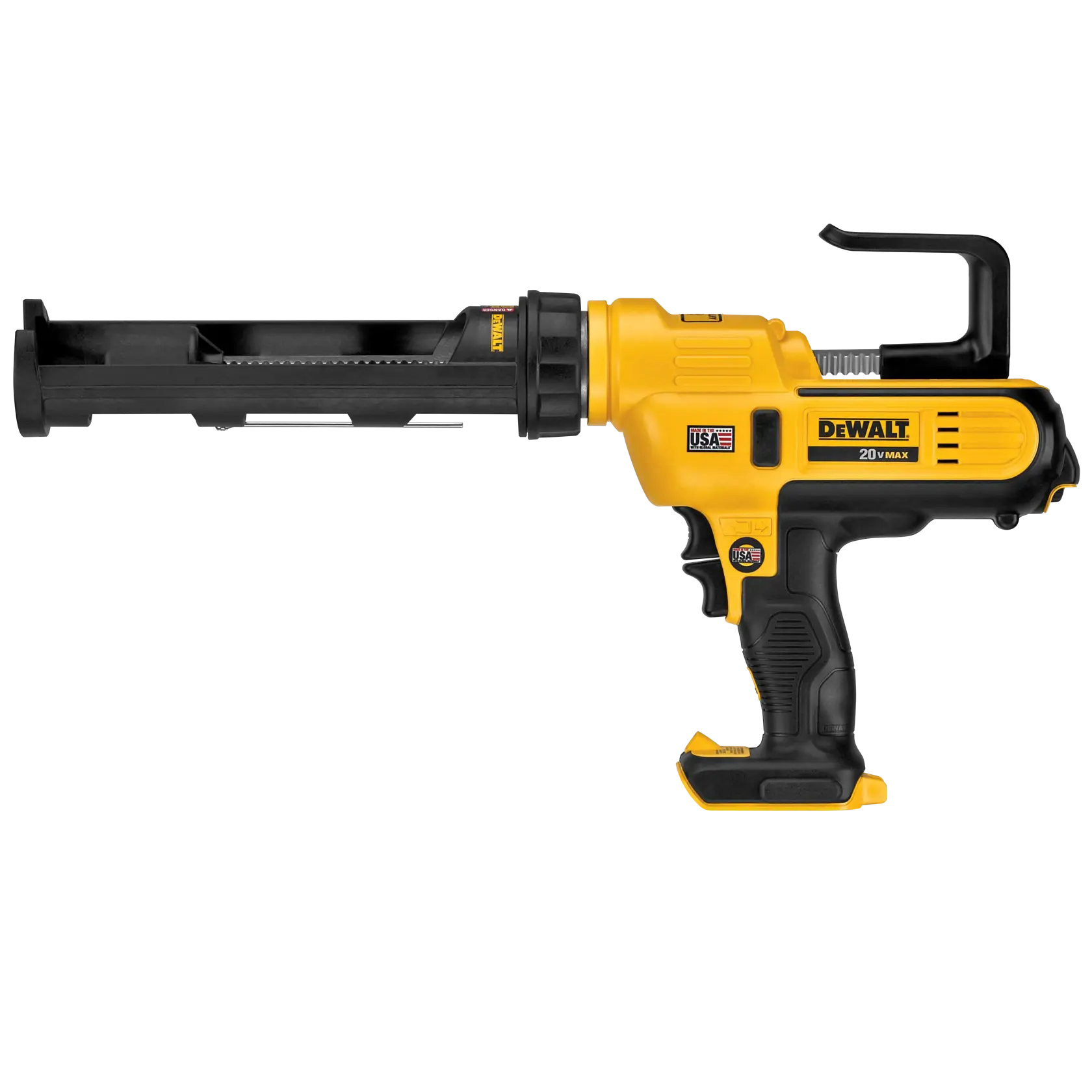 A DEWALT 20V MAX cordless caulking gun with a black and yellow body, designed for dispensing sealant and adhesives.