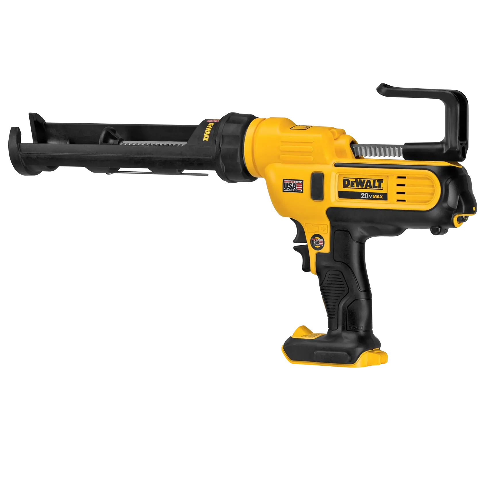 A DEWALT 20V MAX cordless caulking gun with a yellow and black body, trigger handle, and open cartridge holder.