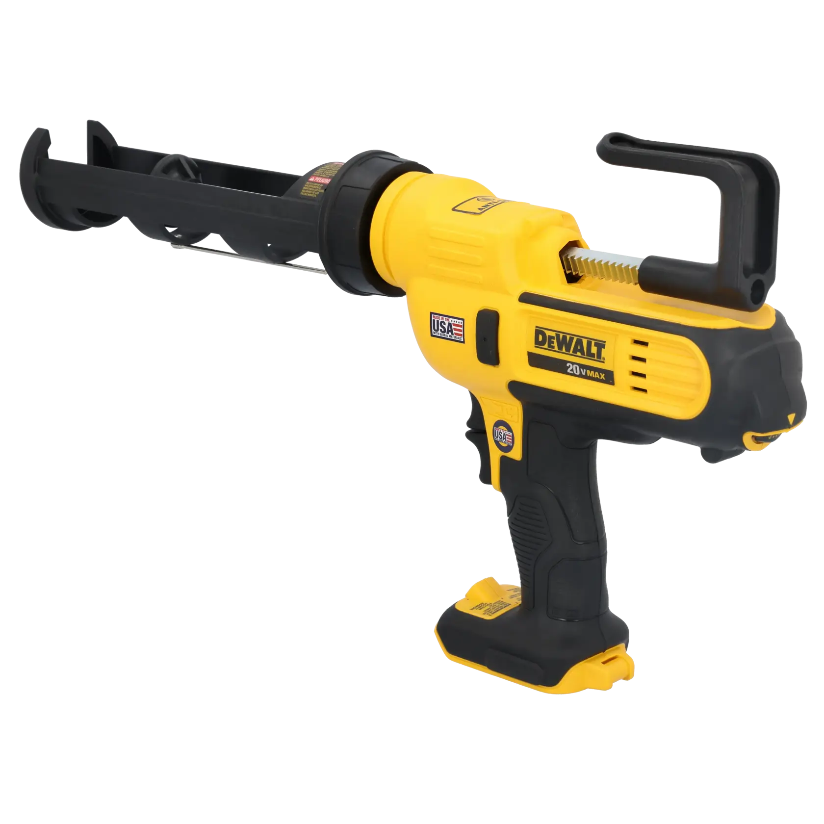 A DEWALT 20V MAX cordless caulking gun in yellow and black, designed for professional use, shown from a side angle on a white background.