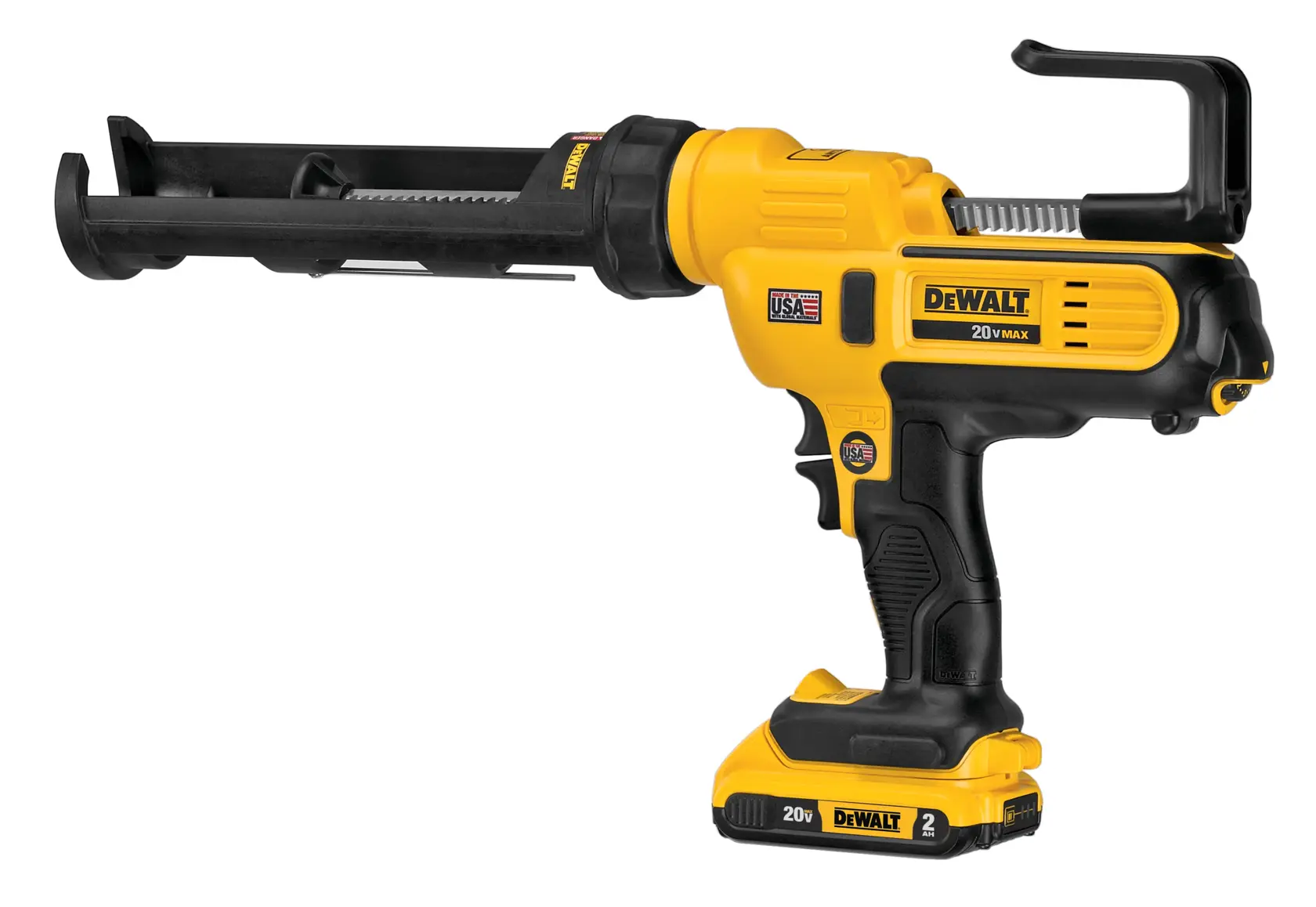 A DEWALT 20V Max cordless yellow and black caulking gun with an ergonomic handle, cartridge holder, and battery pack.