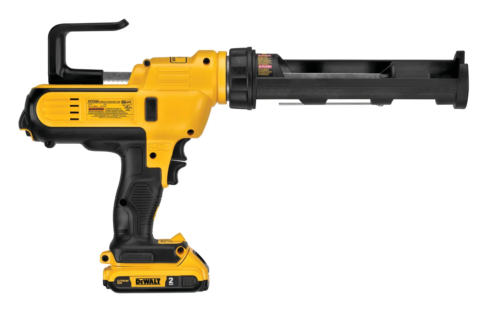 A DEWALT DCE560D1 cordless caulking gun, featuring a yellow and black color scheme, with a handle, trigger, and battery at the bottom. The tool is designed for dispensing sealants and adhesives.