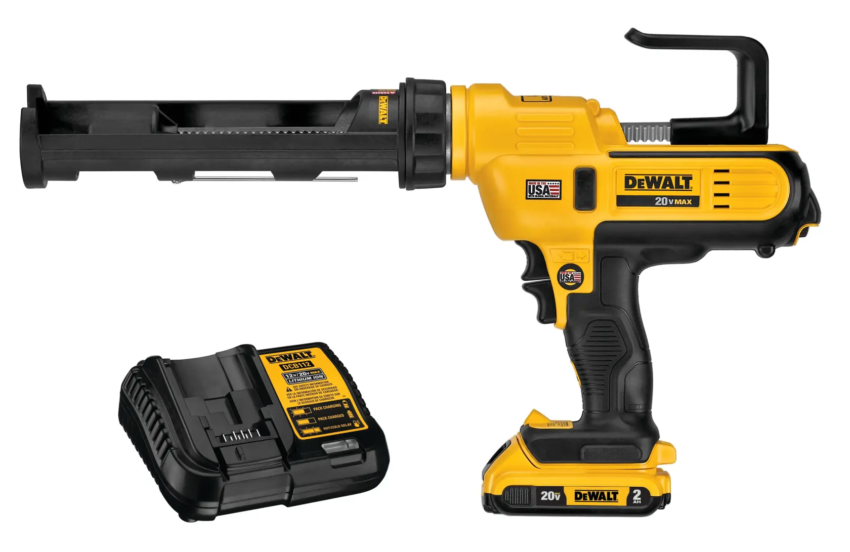 A DEWALT 20V MAX cordless caulking gun with yellow and black design, shown with its battery charger on a white background.