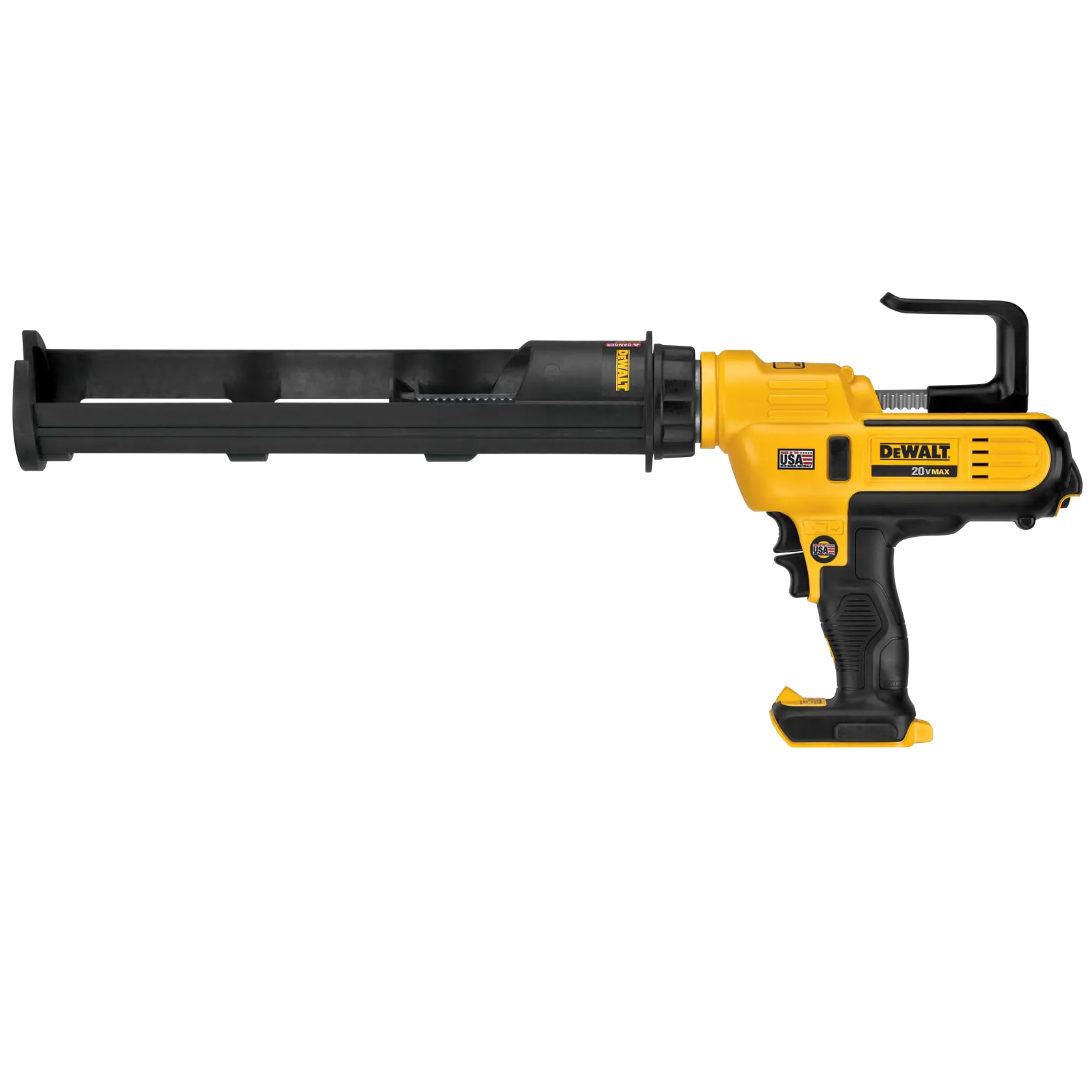 A DEWALT 20V MAX cordless caulking gun in yellow and black, shown in a side profile view. The tool has a pistol grip handle and an elongated barrel for dispensing sealant.