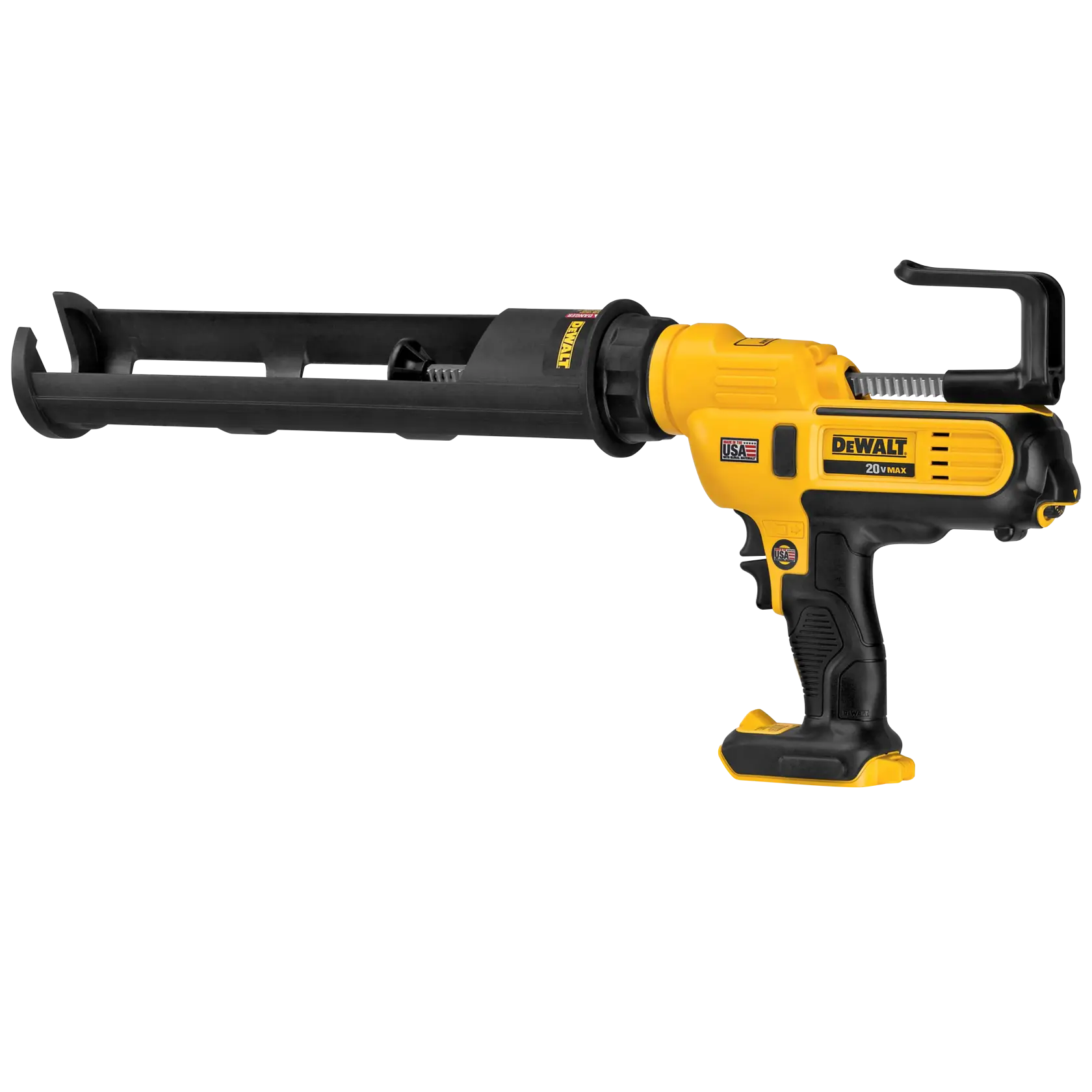 A DEWALT 20V MAX cordless adhesive gun with a yellow and black design, shown on a white background.
