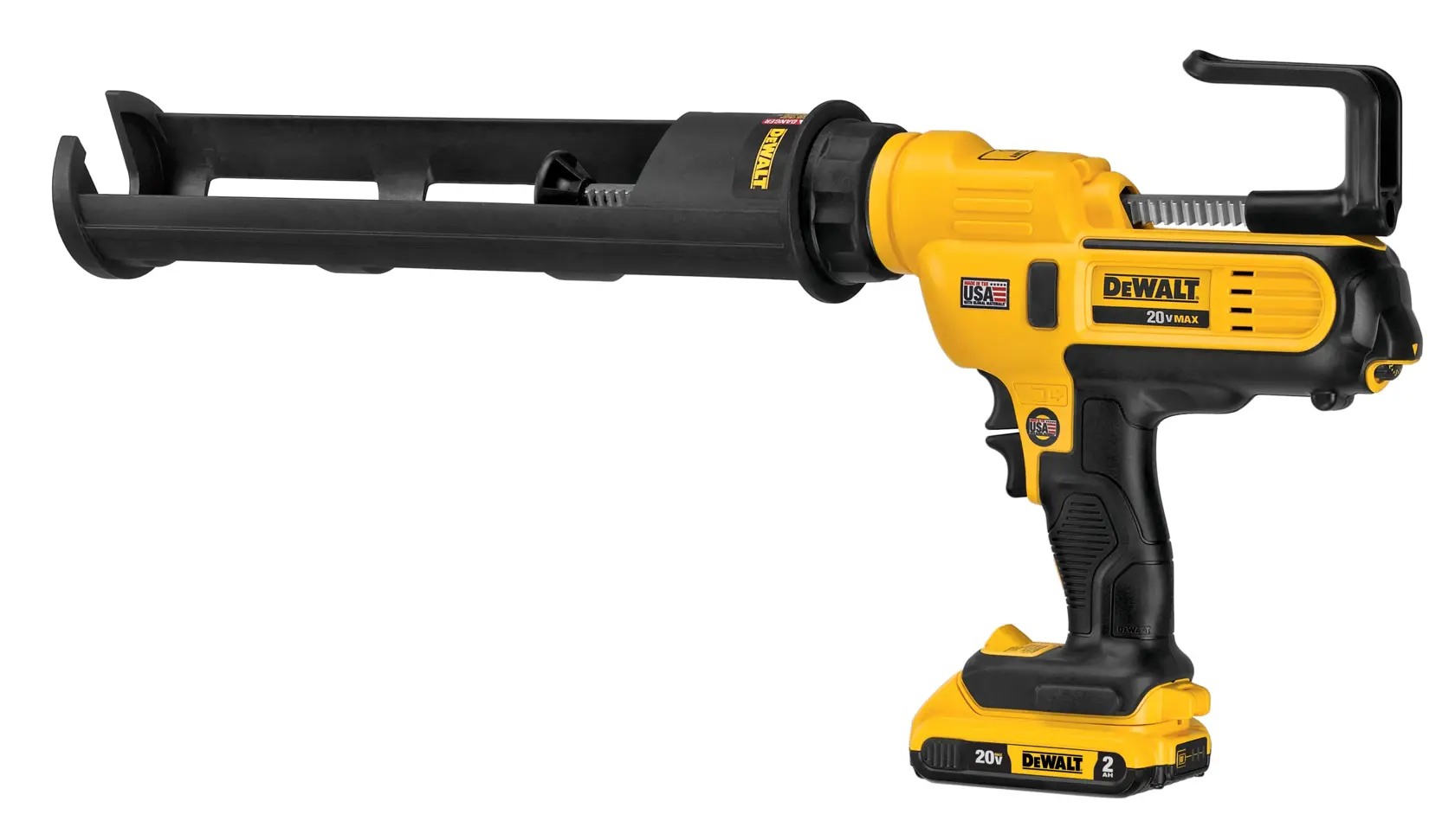A DEWALT 20V MAX cordless caulking gun designed for dispensing sealant or adhesive, shown in yellow and black. The tool features a trigger handle and an elongated barrel for holding caulking tubes.