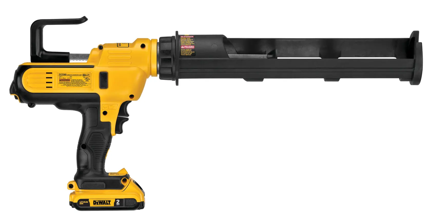 A yellow and black DEWALT cordless caulking gun with battery pack attached, designed for dispensing sealant materials.