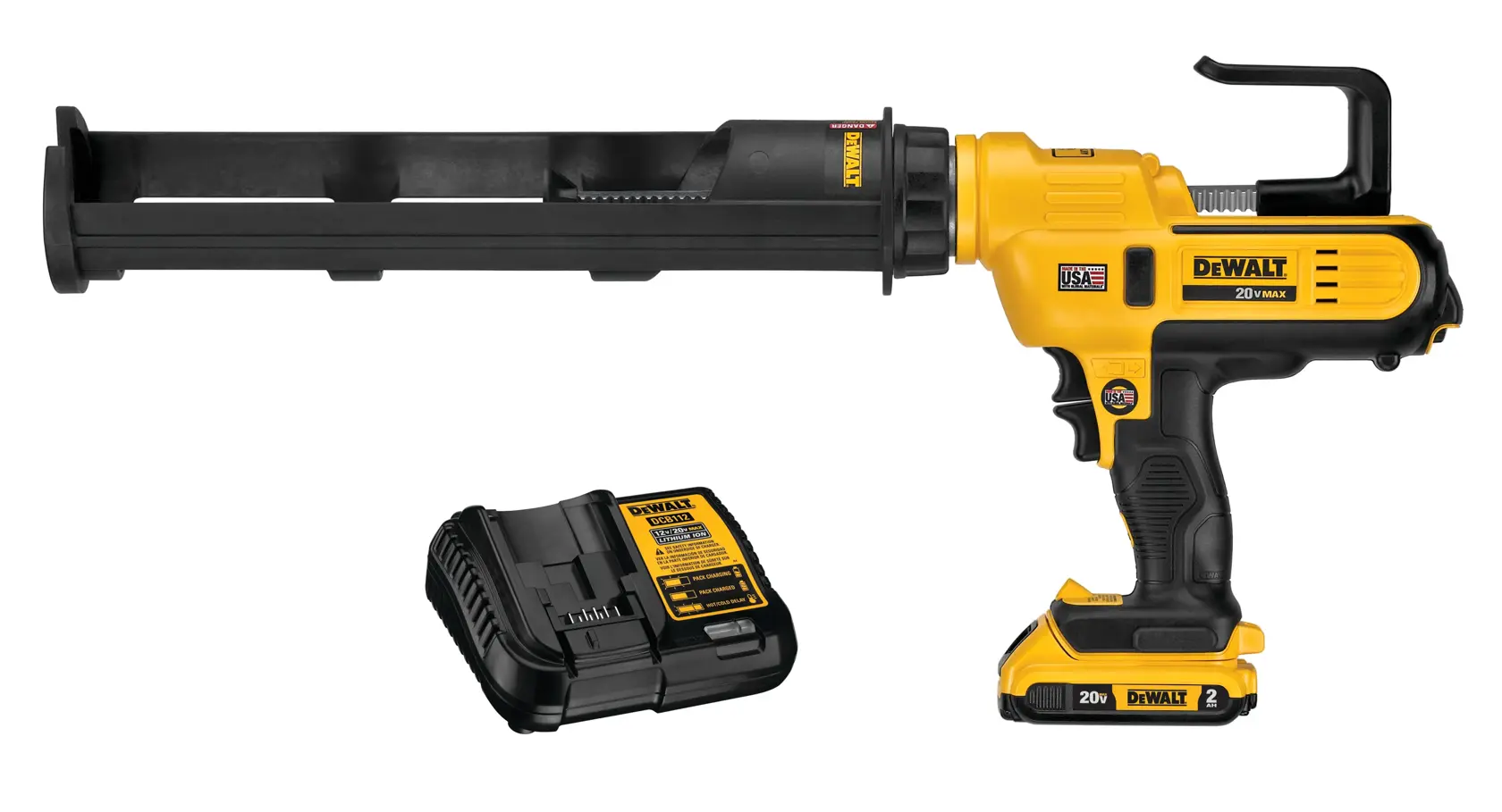 DEWALT 20V MAX cordless caulking gun with a battery and charger, shown on a white background.