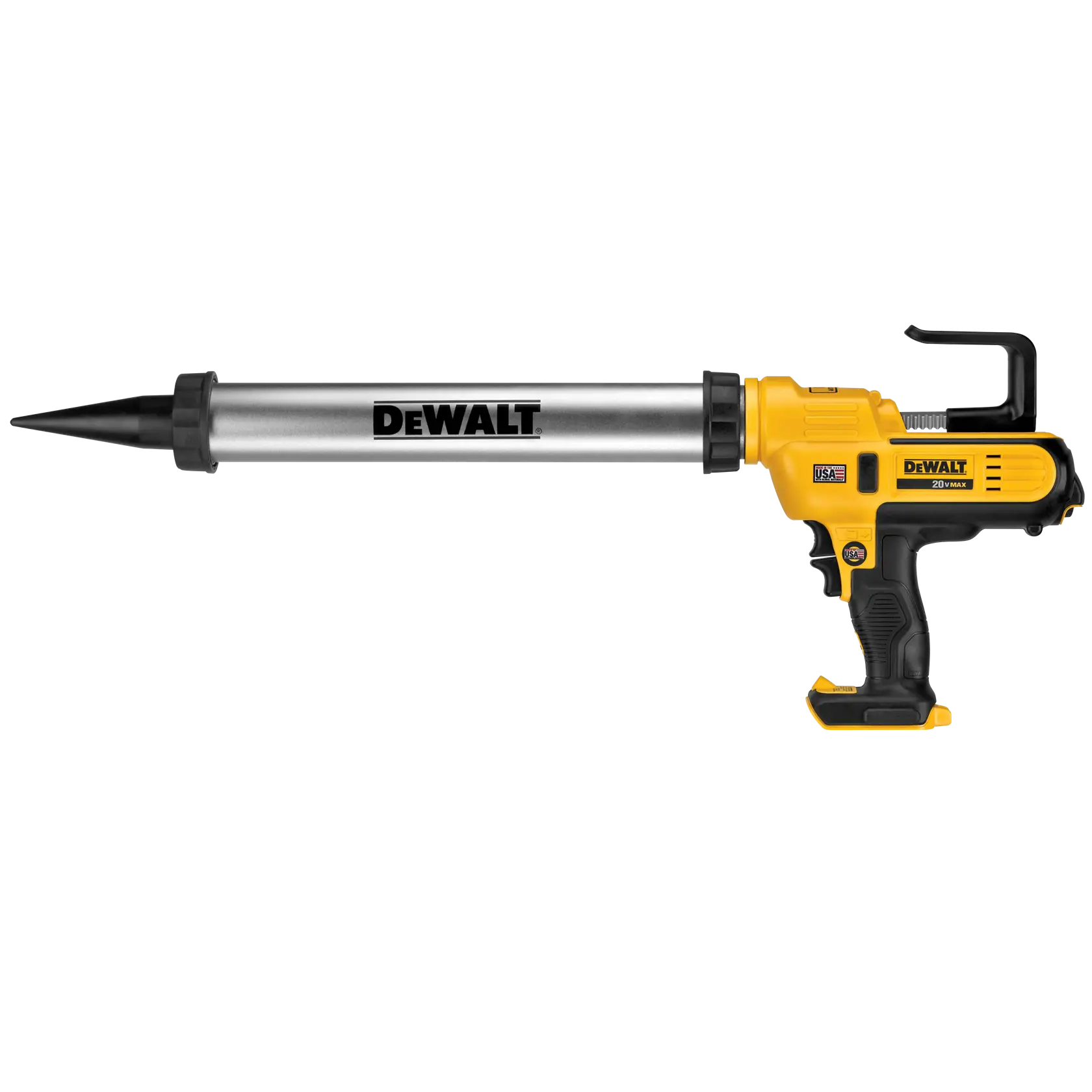 A DEWALT cordless caulking gun in yellow and black, featuring a long metal tube and a pointed black nozzle.
